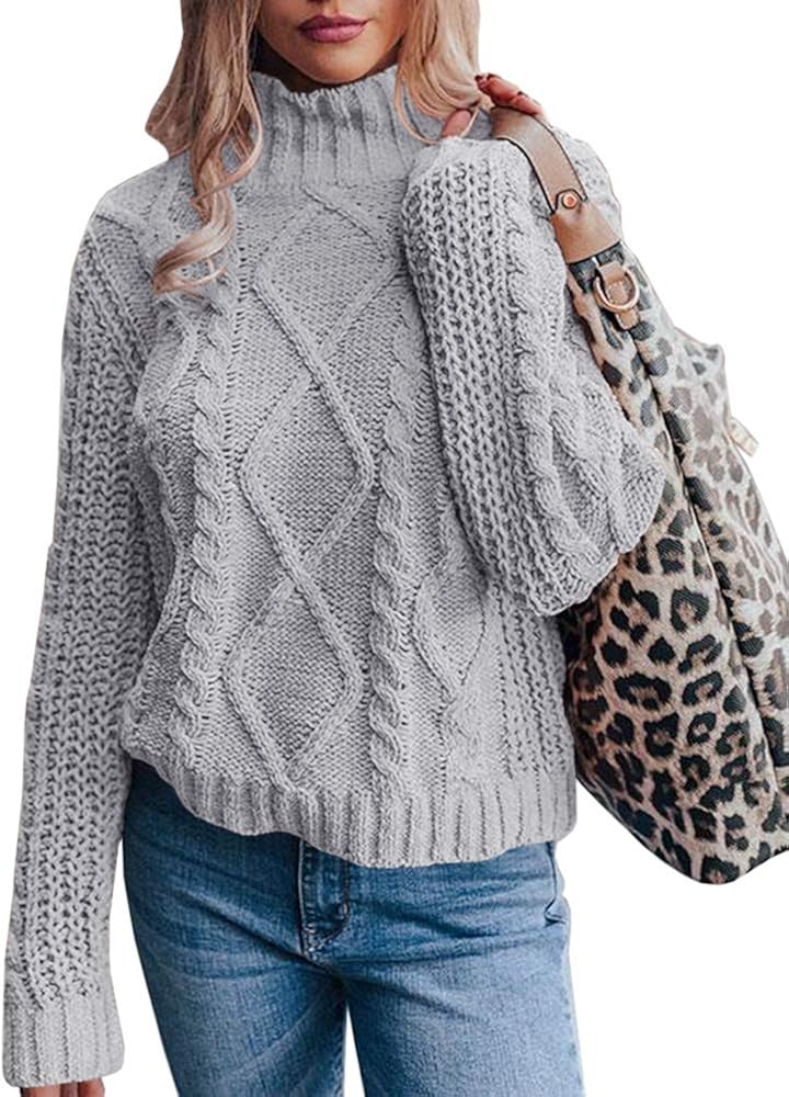 Yacooh Womens Turtleneck Chunky Cable Knit Sweater High Neck Long Sleeve Loose Pullover Jumper Top