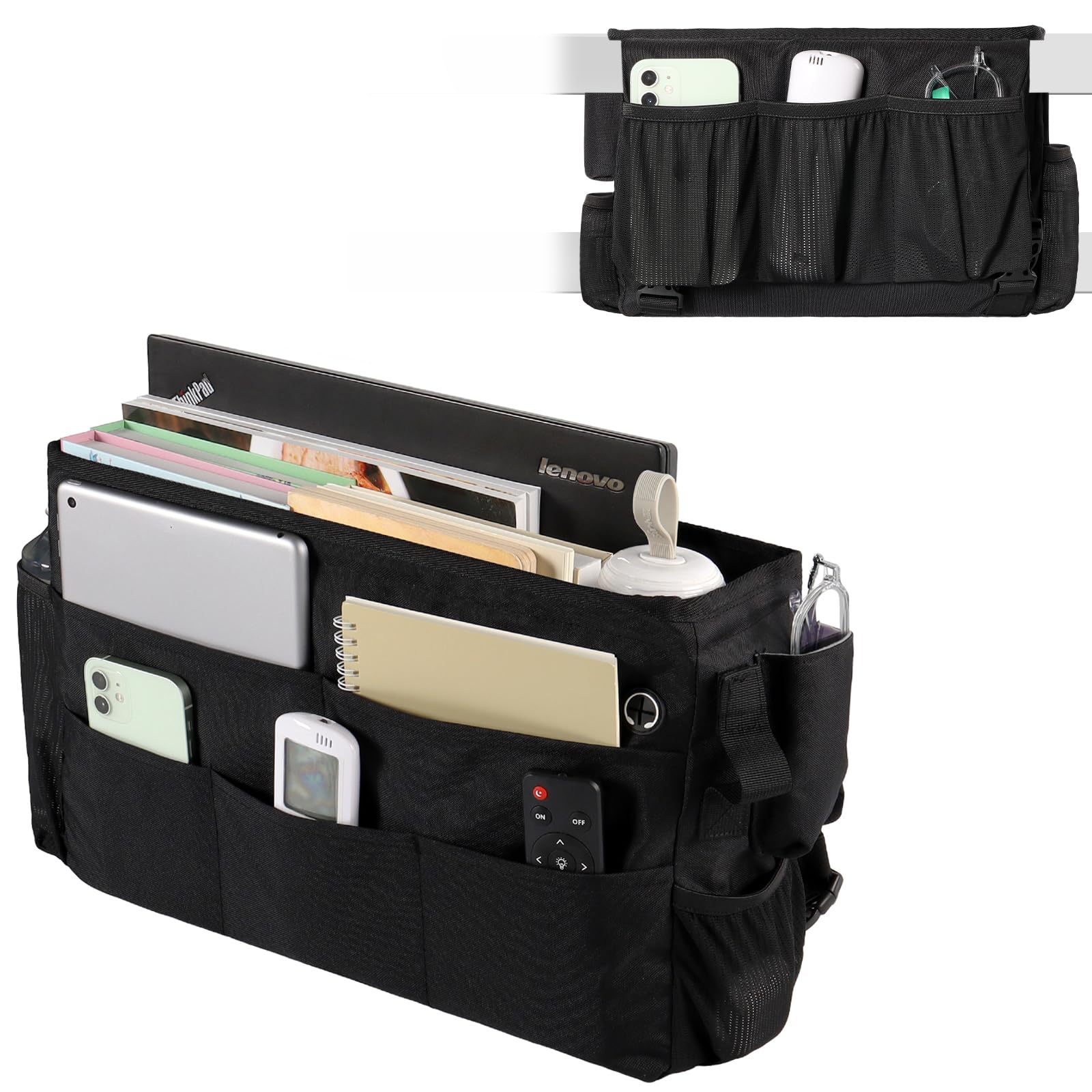 WOMACO Bedside Storage Organizer - Bunk Loft Bed Side Caddy with Adjustable Strap Buckles, College Dorm Hanging Basket for Dorm, Bunk, Loft, Hospital Bed (Black, Large)