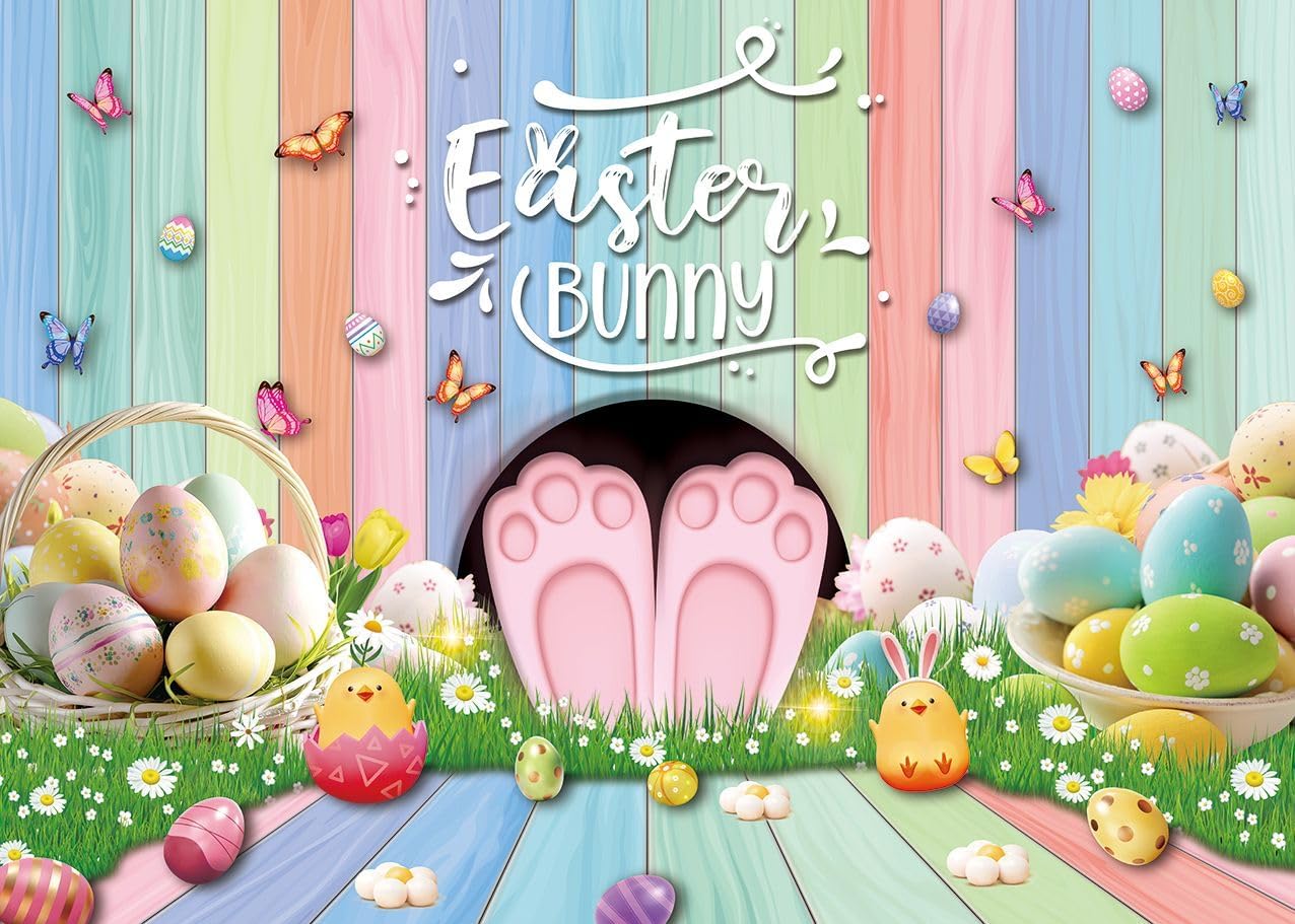 Easter Bunny Backdrop Colourful Wood Eggs Rabbit Butterfly Floral Spring Photography Background Adult Kids Baby Shower Birthday Party Decoration Easter Banner Photo Props (7x5FT)