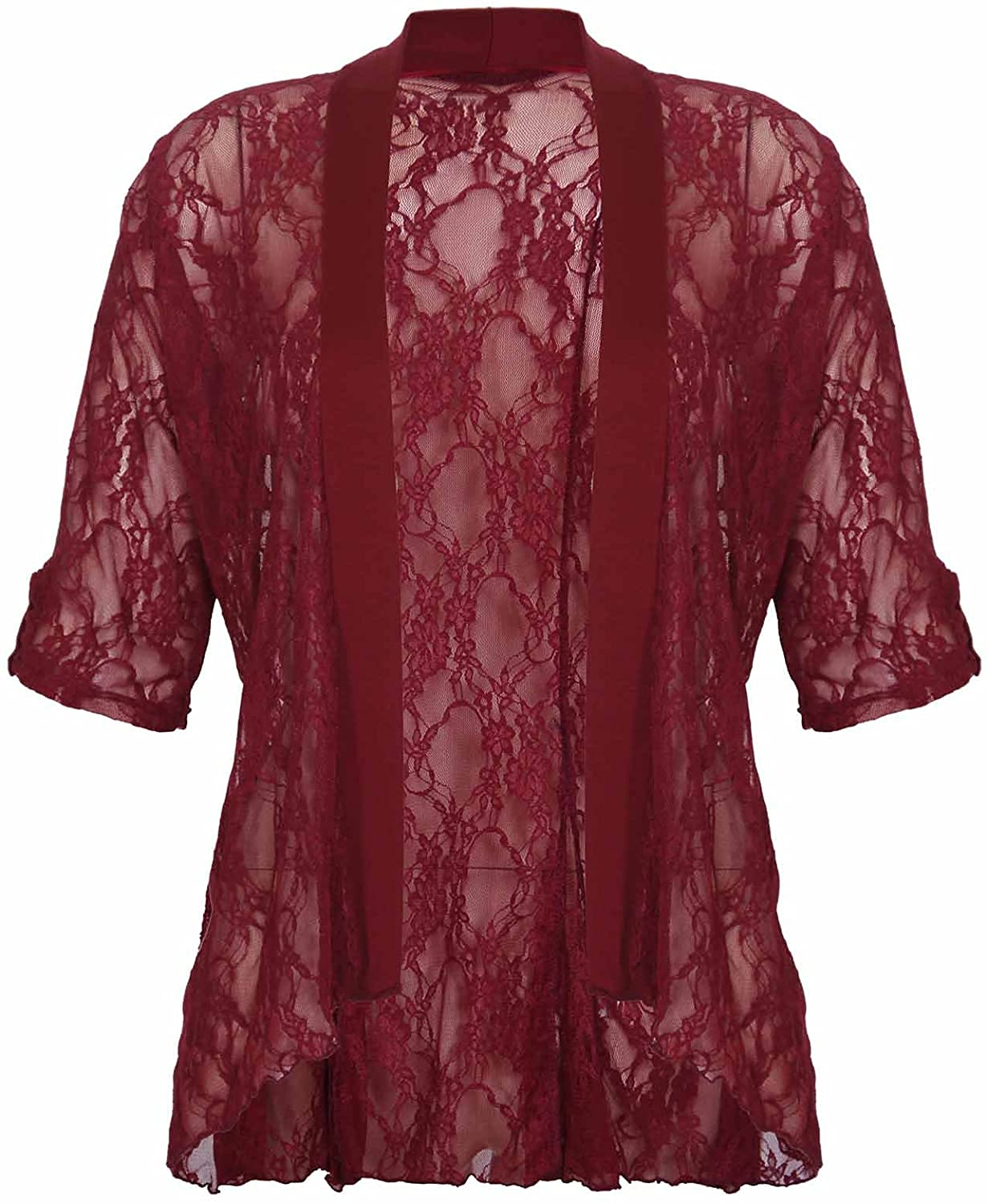 STAR FASHION New Ladies Sheer Shrug Top Cuff Sleeve Open Front Waterfall Design Floral Lace Two Button Kimono Cardigan Top for Woman (Burgundy)
