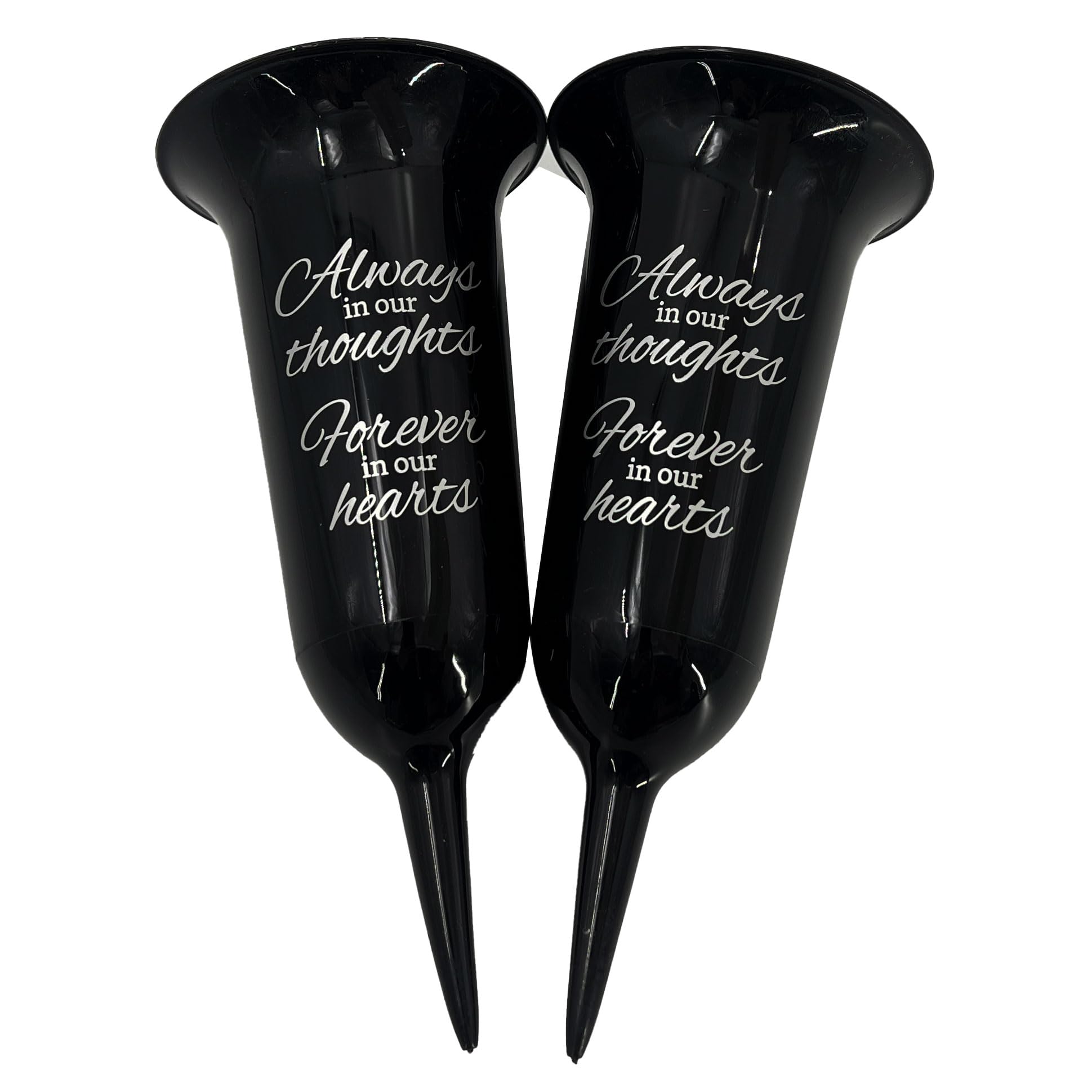 Angraves Set of 2 Black and Silver Always in Our Thoughts Forever in Our Hearts Fluted Spiked Memorial Grave Flower Holder Vases Pots Containers