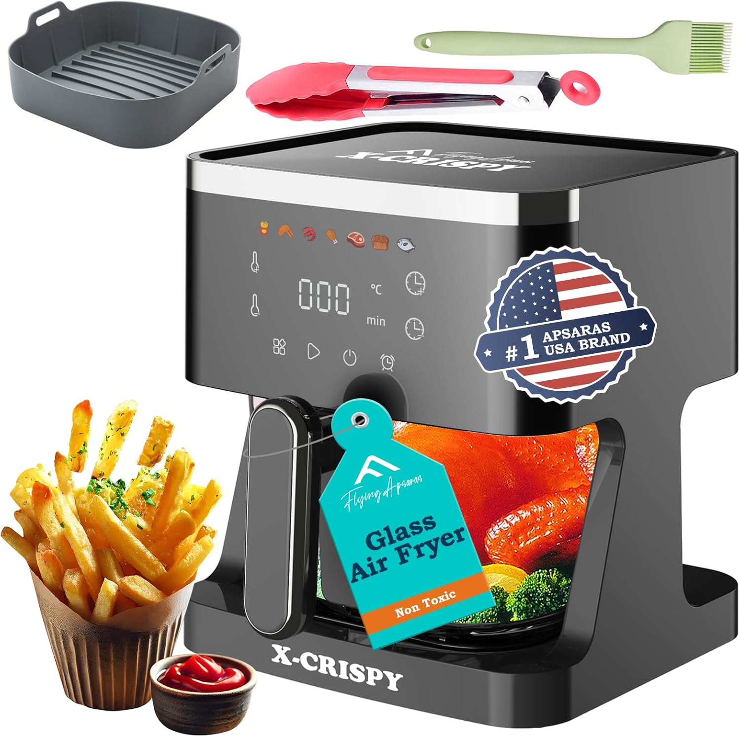  Air Fryer Glass, 5.2QT Convection Oven Glass Air Fryer Non Toxic, Transparent Fry Bowl | Cook Shrimp, Steak, Fries, Wings, Chicken & More | Precise Temperature Control & Time