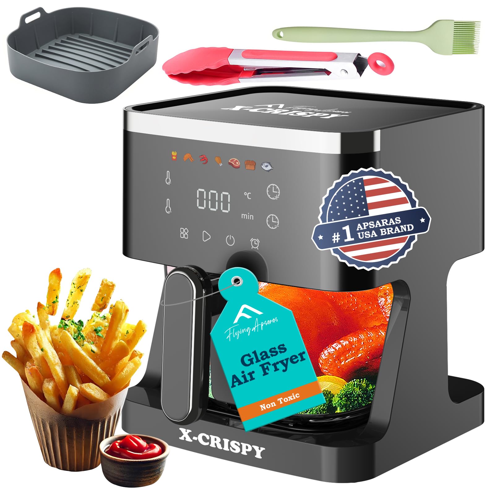 APSARAS USA Air Fryer Glass, 5.2QT Convection Oven Glass Air Fryer Non Toxic, Transparent Fry Bowl | Cook Shrimp, Steak, Fries, Wings, Chicken & More | Precise Temperature Control & Time