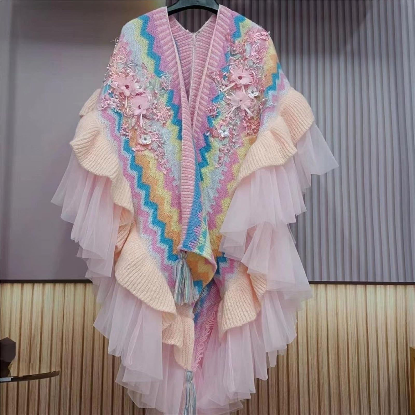 Chal de punto bordado de flores 3D con diseño de arcoíris, de malla, con volantes, suéter de gasa irregular, bufanda fruncida