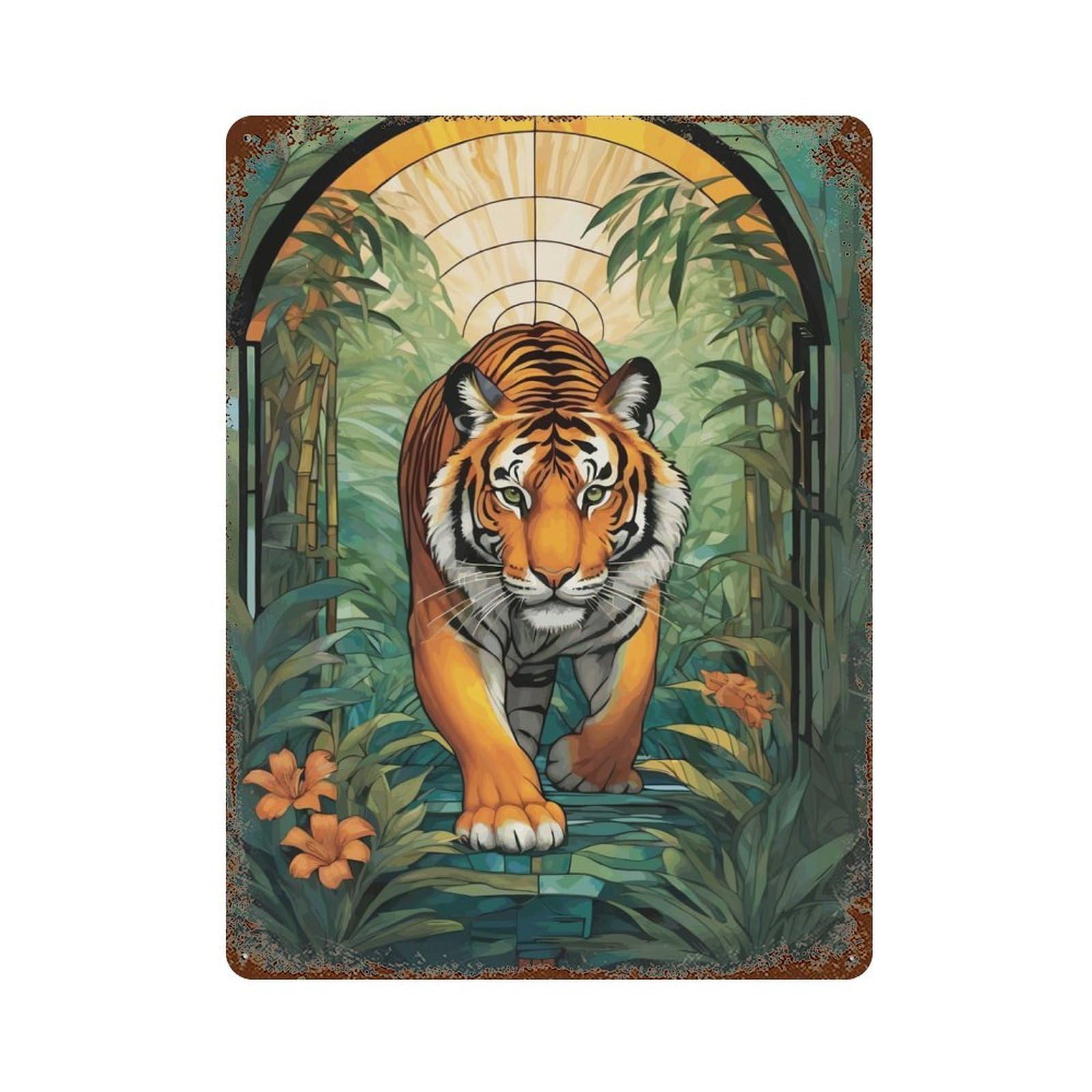 Tiger in Jungle Stained Glass Rusty Metal Tin Sign 15.7"x11.8", for Pub, Kitchen And Man Cave Decor, Novelty Wall Decor