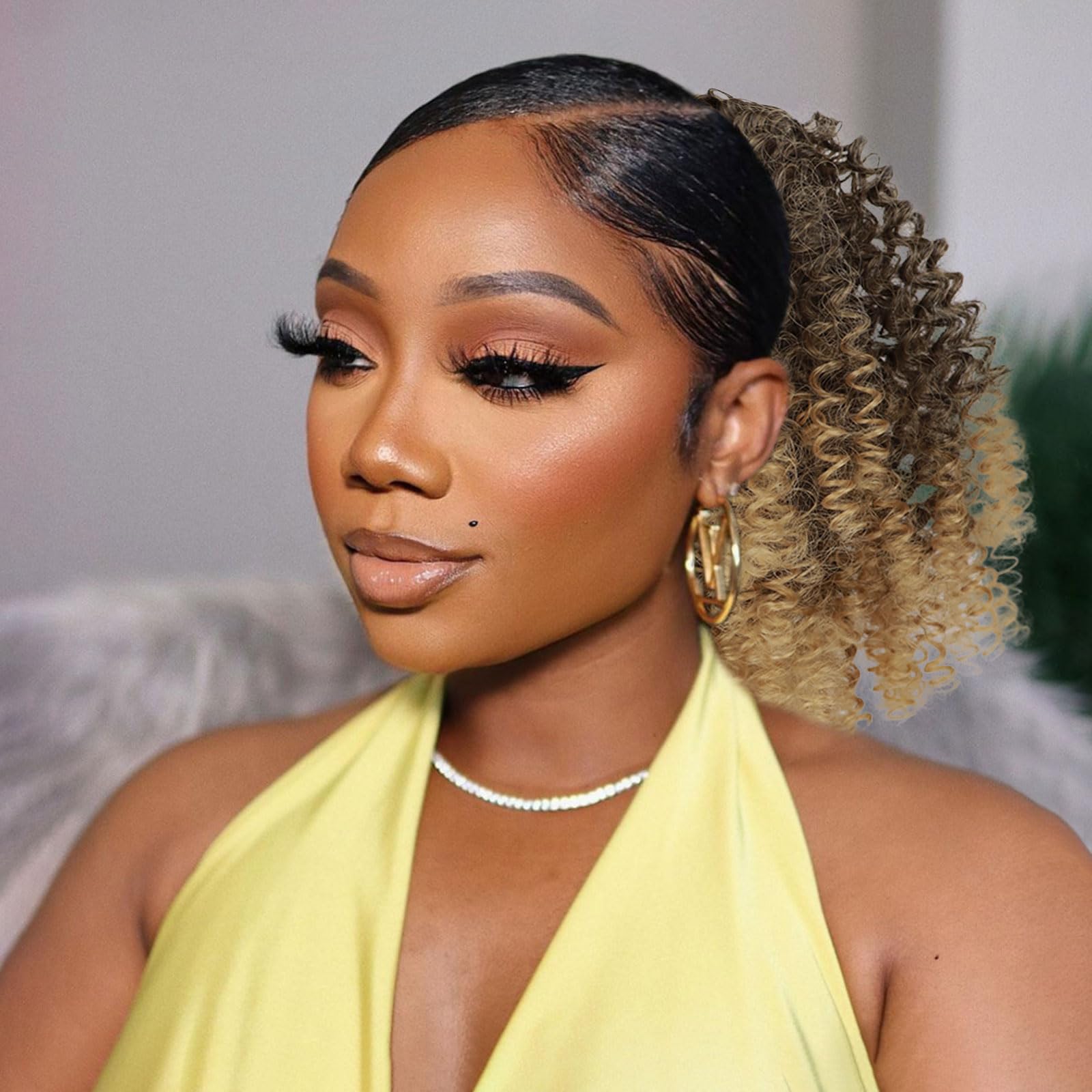 G&T Wig Afro Kinky Curly Drawstring Ponytail Extension for African Black Women Short Afro Puff Curly Synthetic Hairpieces for Daily (1BT27)