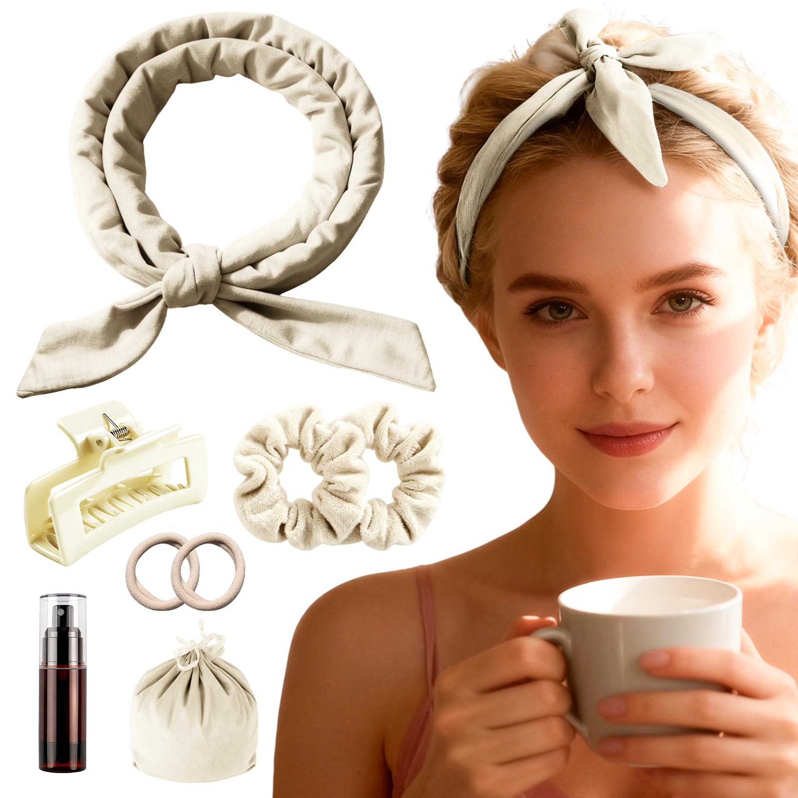 Ferro Arricciacapelli Senza Calore，Boccoli Notturni con Curler e 2 Scrunchies in Raso，Bigodini per Dormire e Ottenere Onde al Mattino, per Salon Barber, Capelli Medi Lunghi