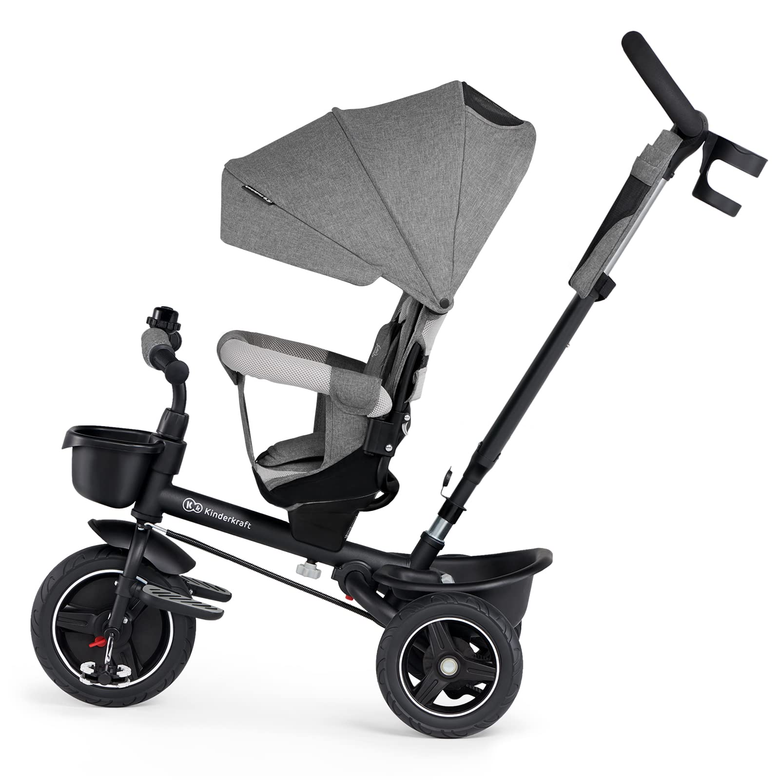 Kinderkraft SPINSTEP Triciclo bambini dai 9 Mesi con Maniglione, Cappottina impermeabile con filtro UPF50+, Pieghevole, Seduta girevole a 360 gradi, Grigio