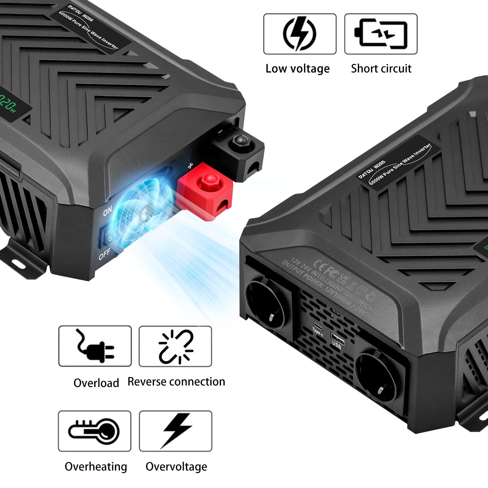 DATOUBOSS Inverter Onda Sinusoidale Pura 12V/24V a 220V Convertitore Universale Onda Pura 3000W con sistema di rilevamento intelligente, con LCD Display, interfaccia USB, Type-C e 2 presa UE