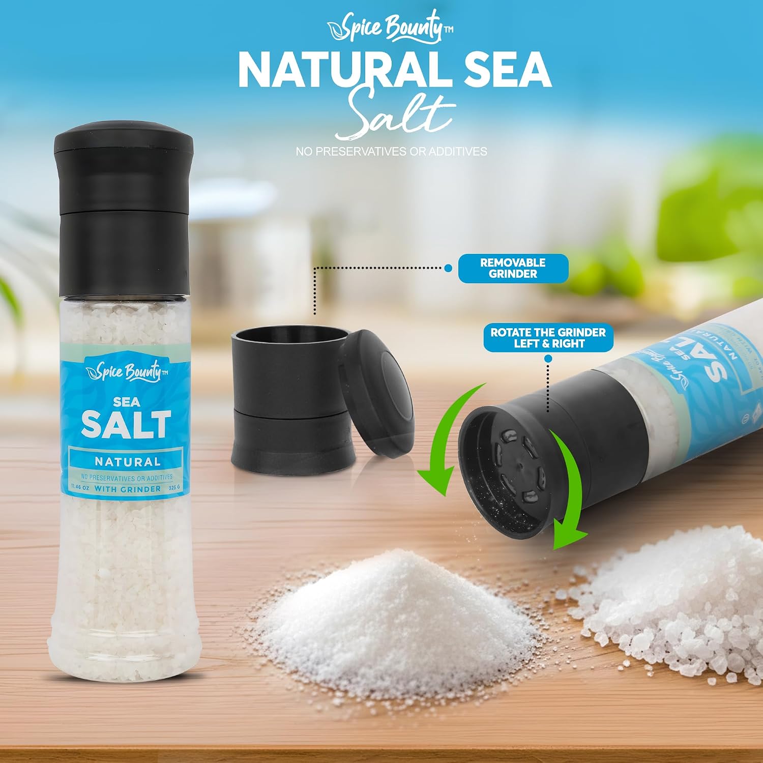 Spice Bounty - Natural Sea Salt Grinder 11.46 oz – Coarse Sea Salt Crystals with Adjustable Refillable Mill | Seasoning Grinder for Holiday Cooking, Baking & Table Use