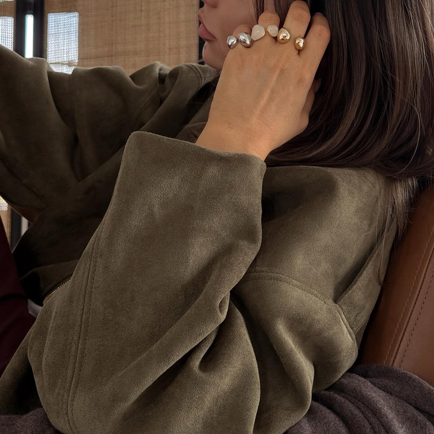 Womens Faux Suede Bomber Jacket Casual Lightweight Batwing Long Sleeve Oversized Coat Streetwear Outfits - Image 6