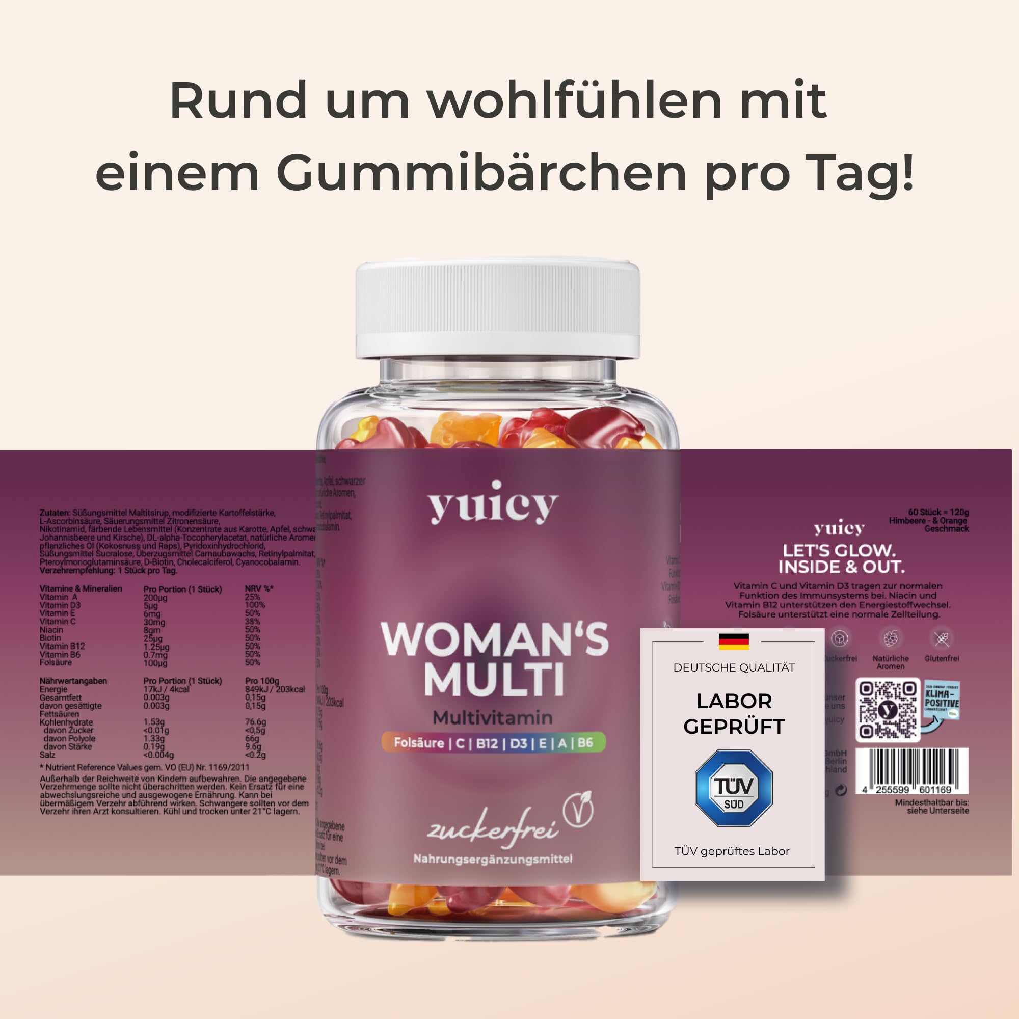 YUICY Nahrungsergänzungsmittel für Frauen – Multivitamin Komplex – Extrem Leckere Multivitamin Gummies – Vegane Frauen Vitamine – Zuckerfreie Multi Vitamine – Woman's Multi 180 Stück