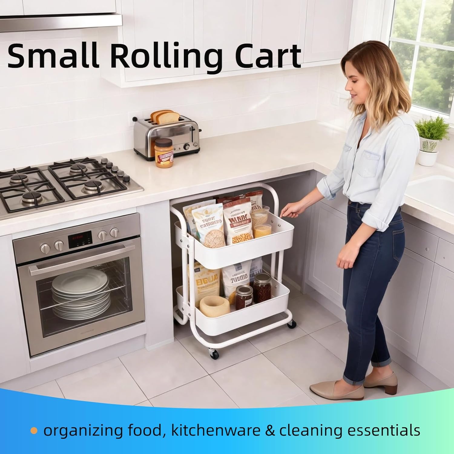 2 Tier Cart with Wheels Under Desk Storage with Handle, Metal Rolling Pantry Cart for Kitchen White Small Rolling Basket for Laundry Room Bathroom, Utility Shelf Organizer for Small Space
