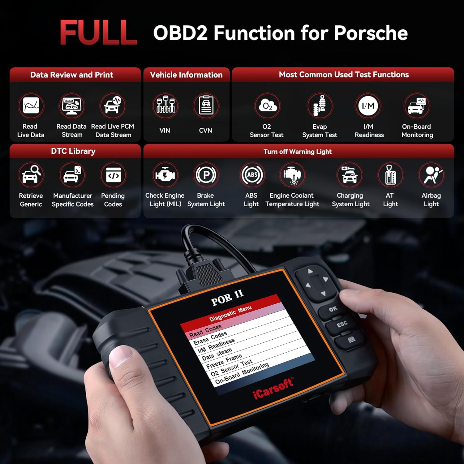 OBD2 Scanner Diagnostic Tool for Most Porsche from 1996-2019, iCarsoft POR II Car Code Reader, Full System Diagnosis Car Scan Tool with Oil Reset/EPB/DP/ETC/SAS, Live Data Graph-Free Update/Repair