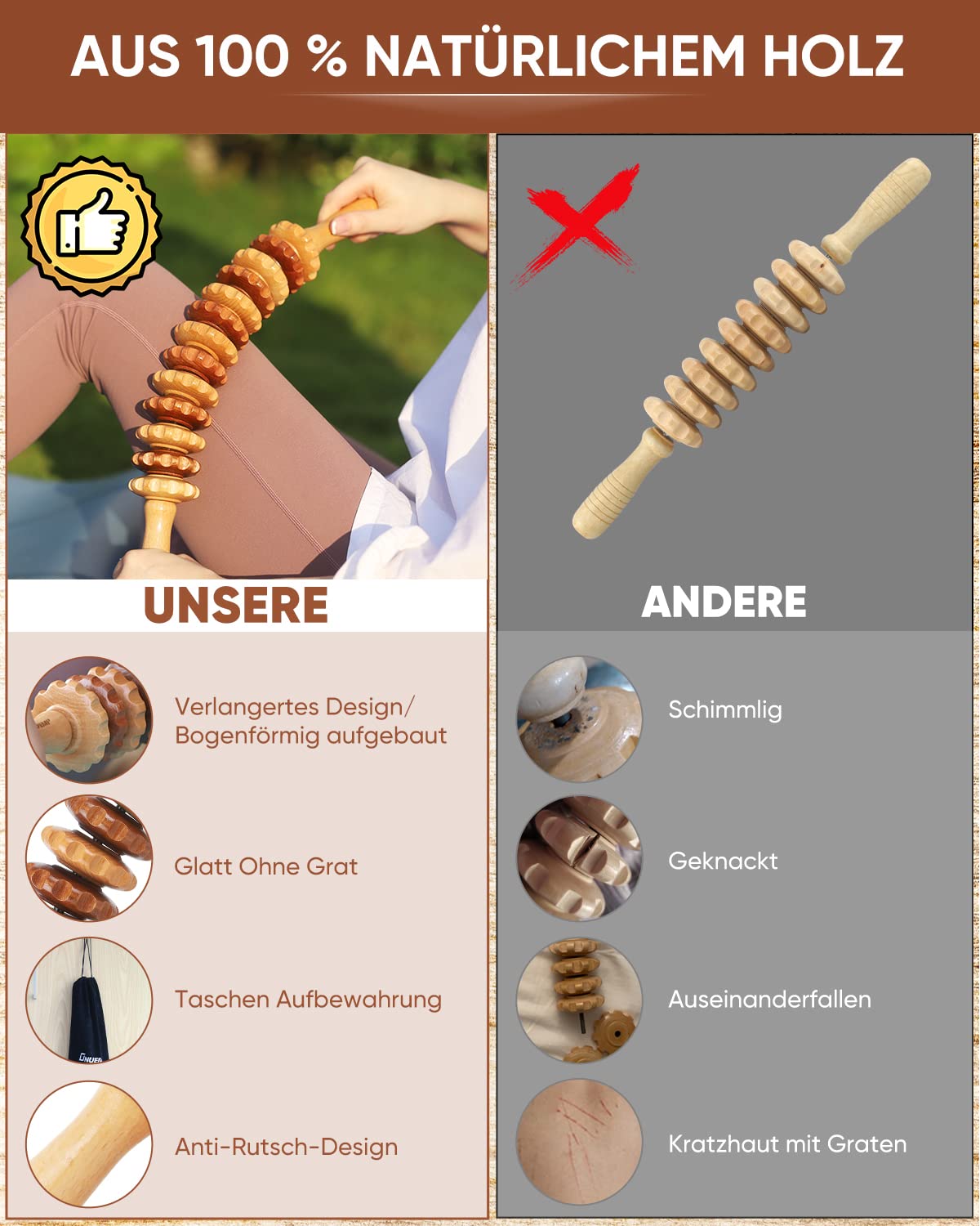 2-in-1 Holz Therapie Massage Tools Set Holz Maderoterapia Kit oder Lymphdrainage Massageroller Kits für Muskelentspannung, Körperformung, Gua Sha Massage, Anti Cellulite, Buche