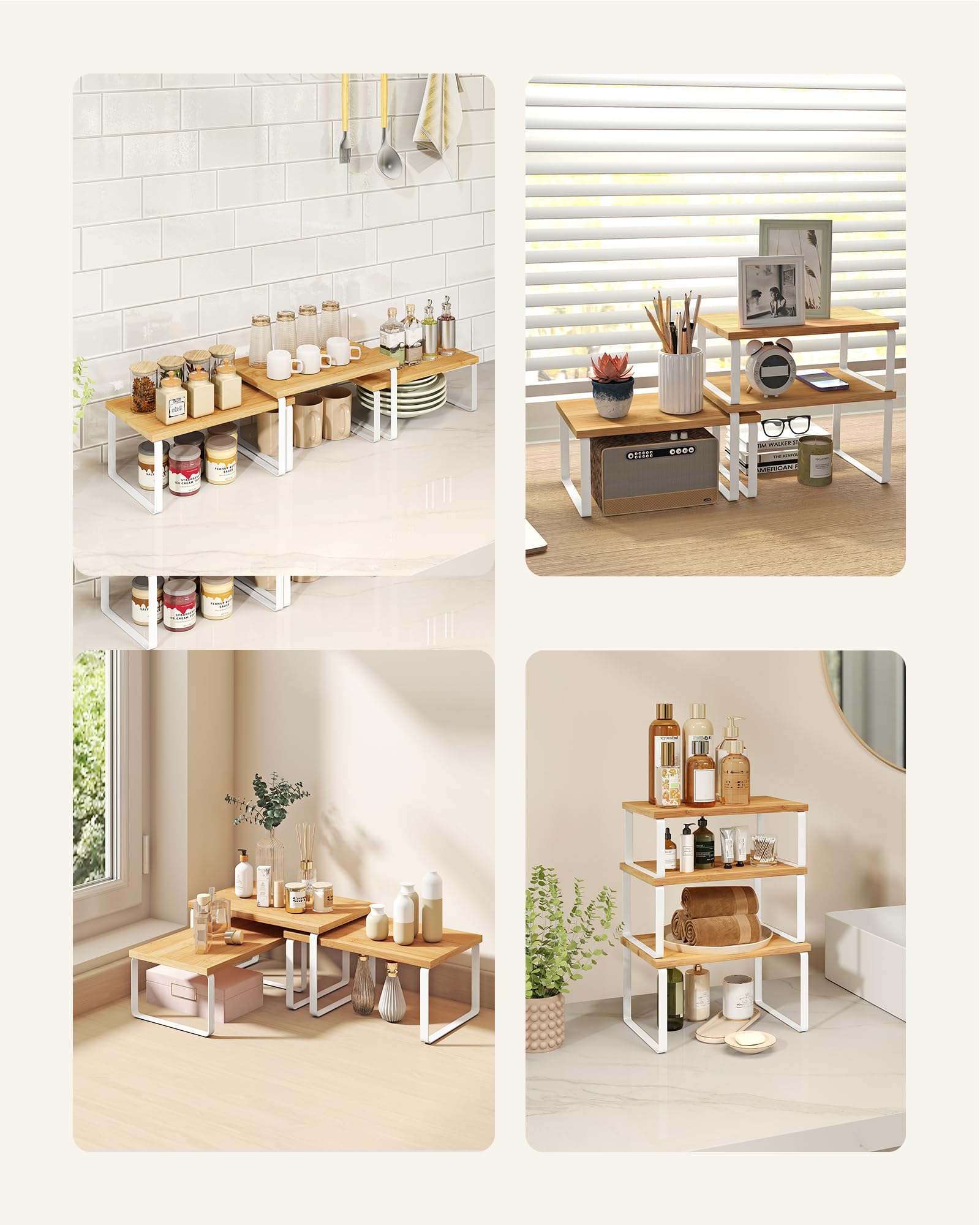 SONGMICS Organizzatori Armadio da Cucina, Set di 3 Scaffali da Banco, Impilabili, Portaspezie Espandibile, in Metallo e Legno Ingegnerizzato, Bianco Nuvola e Beige Naturale KCS014YL02