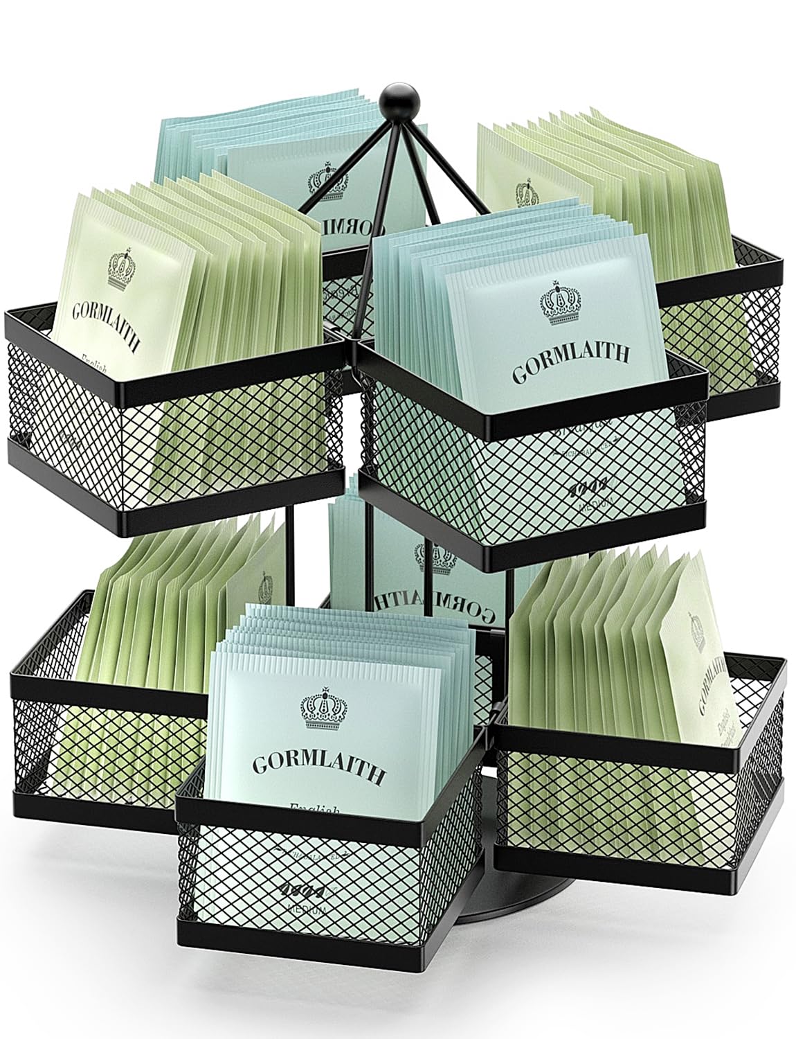 VOGWOLTH Tea Bag Organizer, Tea Bag Storage Holder Spinning Carousel 96 Teabags Container, Lazy Susan Coffee Creamer Sweetener Tea Caddy for Kitchen Counter Cabinet Pantry Shelf Organizer