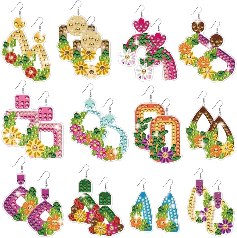 BEUNITONE 12 Pairs Floral Wreath Diamond Art Earring Making Kits for Adults, DIY Drop Dangle Earring Making Supplies Kit, Fun Duck Art Earrings Ornament for Women Birthdays Holiday Handmade Gift