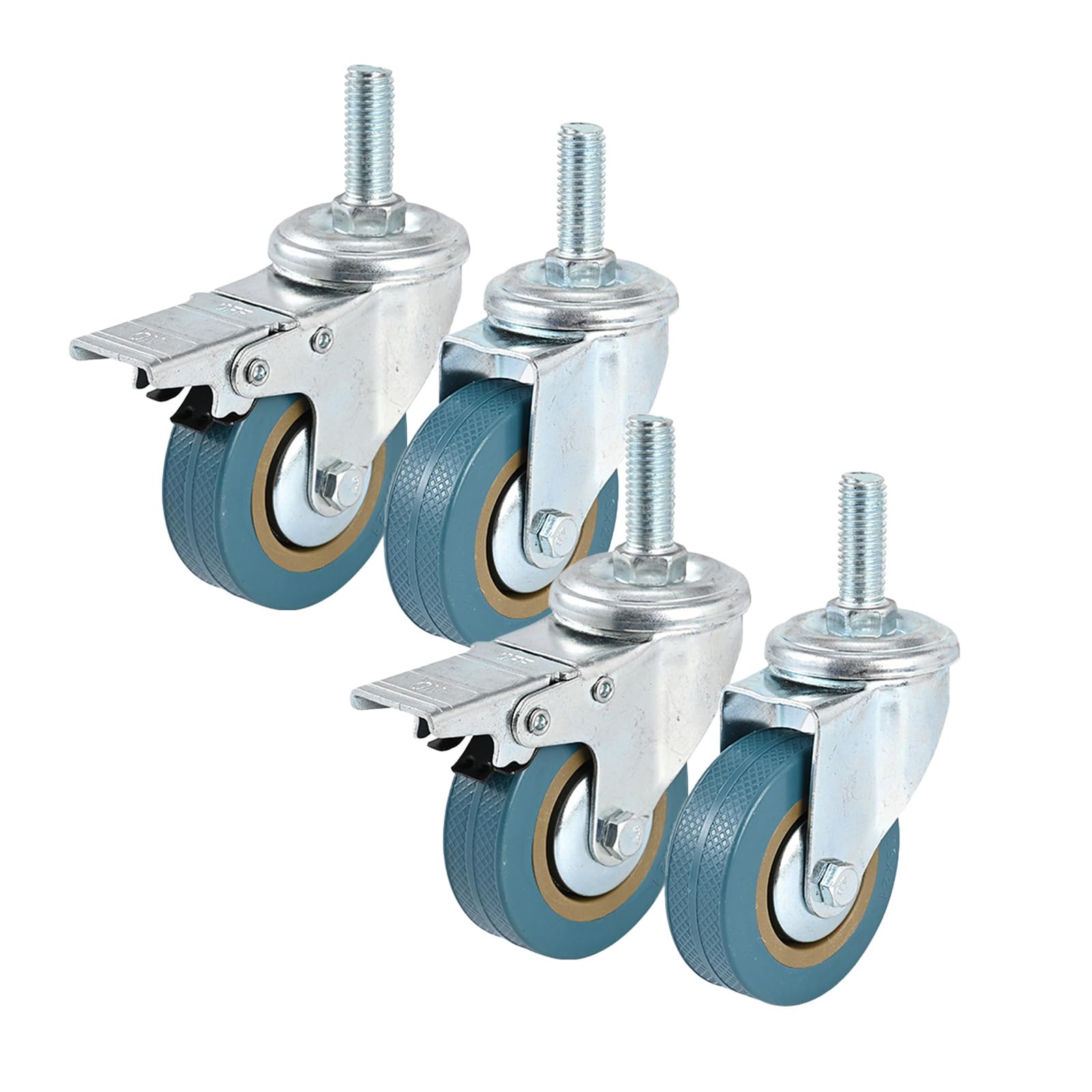 Set of 4 Castor Wheels Heavy Duty 75mm with Brakes Stem Castors Rubber Swivel Casters 200kg Capacity for Furniture Trolleys (M12 thread)