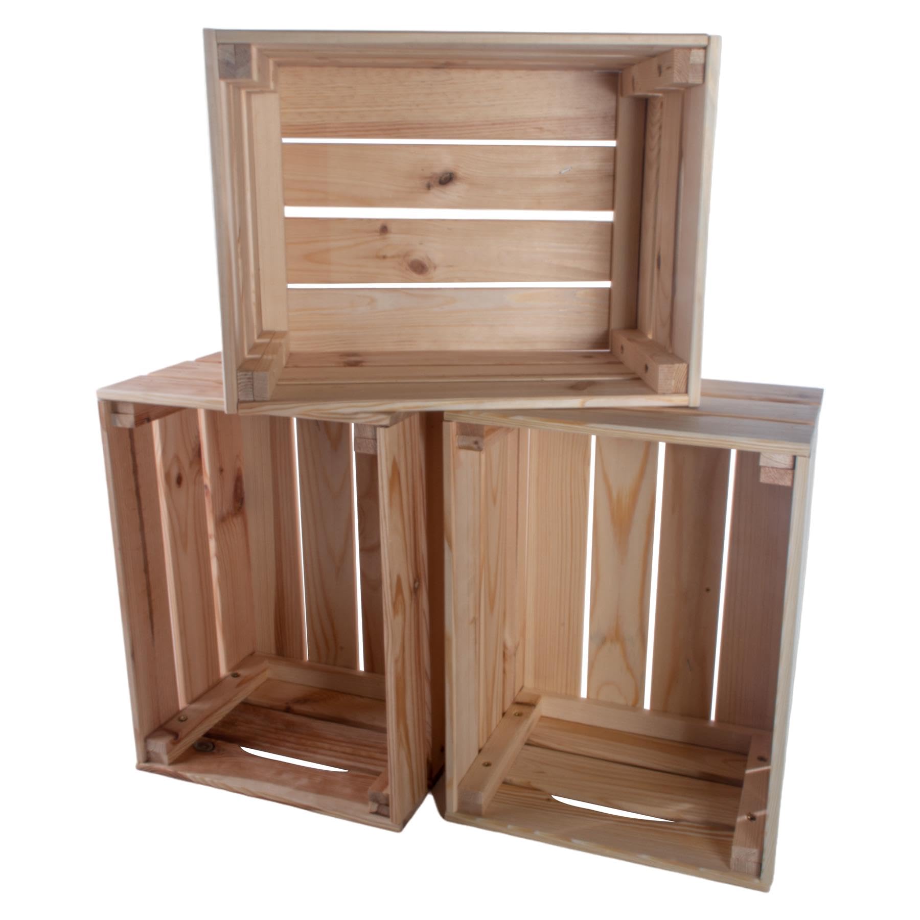 WooDeeDoo | 3 Pack | Deep Decorative Wooden Crate | 39.5 x 29.5 x 22 cm | Flat Packed Slatted Solid Storage Box with Handles | Display Plants Apple Fruits DIY Hamper | Unpainted Natural Pine