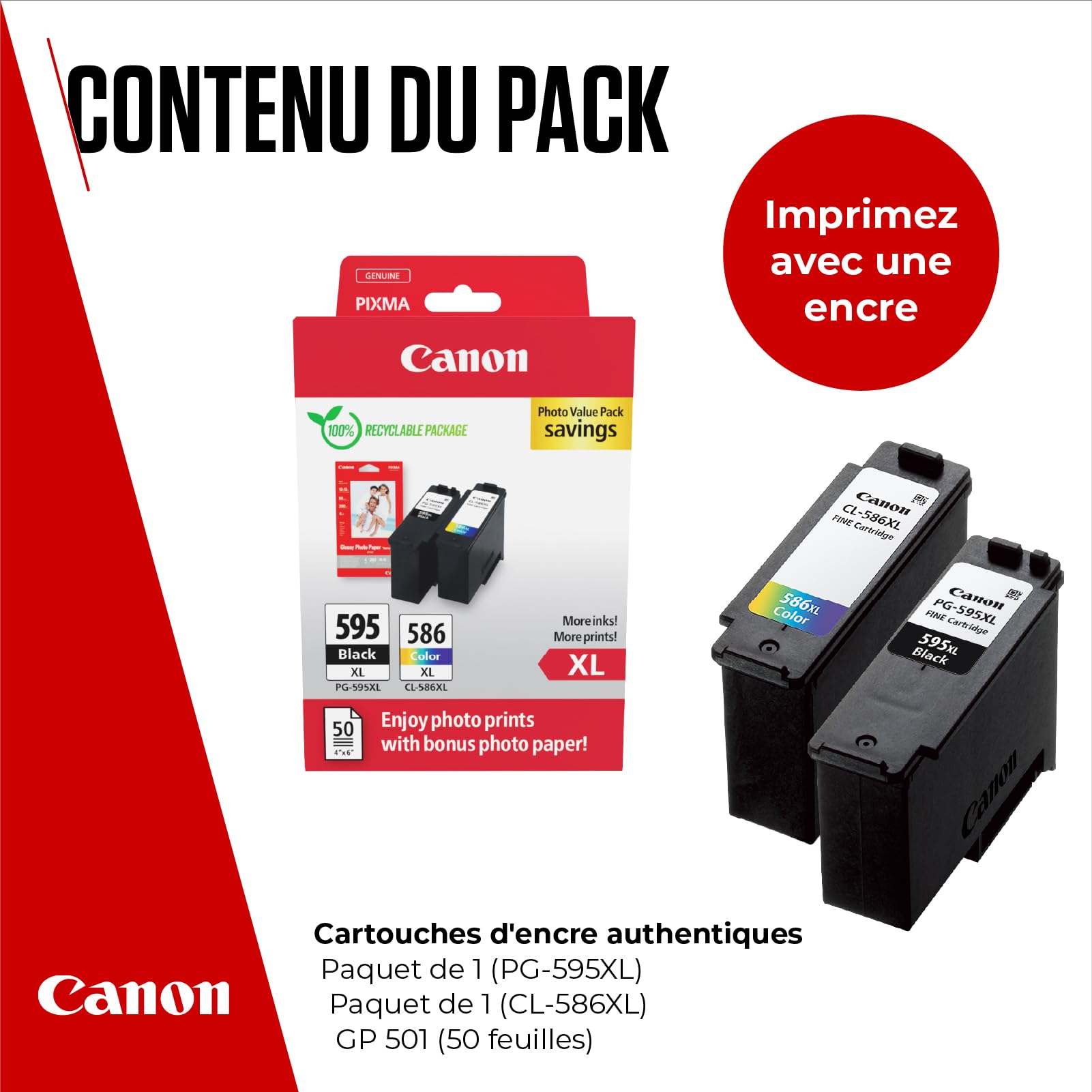 Canon PG-595 XL/CL-586 XL - Multipack d’Origine Cartouche Noire & Cartouche Couleur - Jusqu'à 300 Pages + 50 Feuilles Papier Photo 4×6 (GP-501)