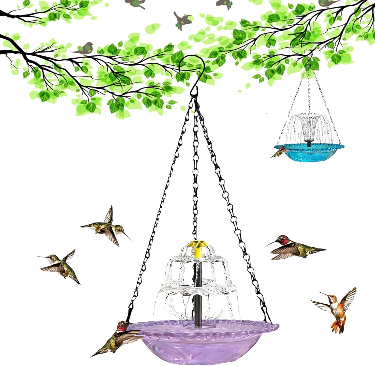 Solar Cascade Hanging Bird Bath Fountain, Outdoor Bathable Bird Feeder, No Wiring or Power Required, Attract Wild Birds & Hummingbirds, for Outdoor Garden, Terrace Decoration (Purple, Double Layer)