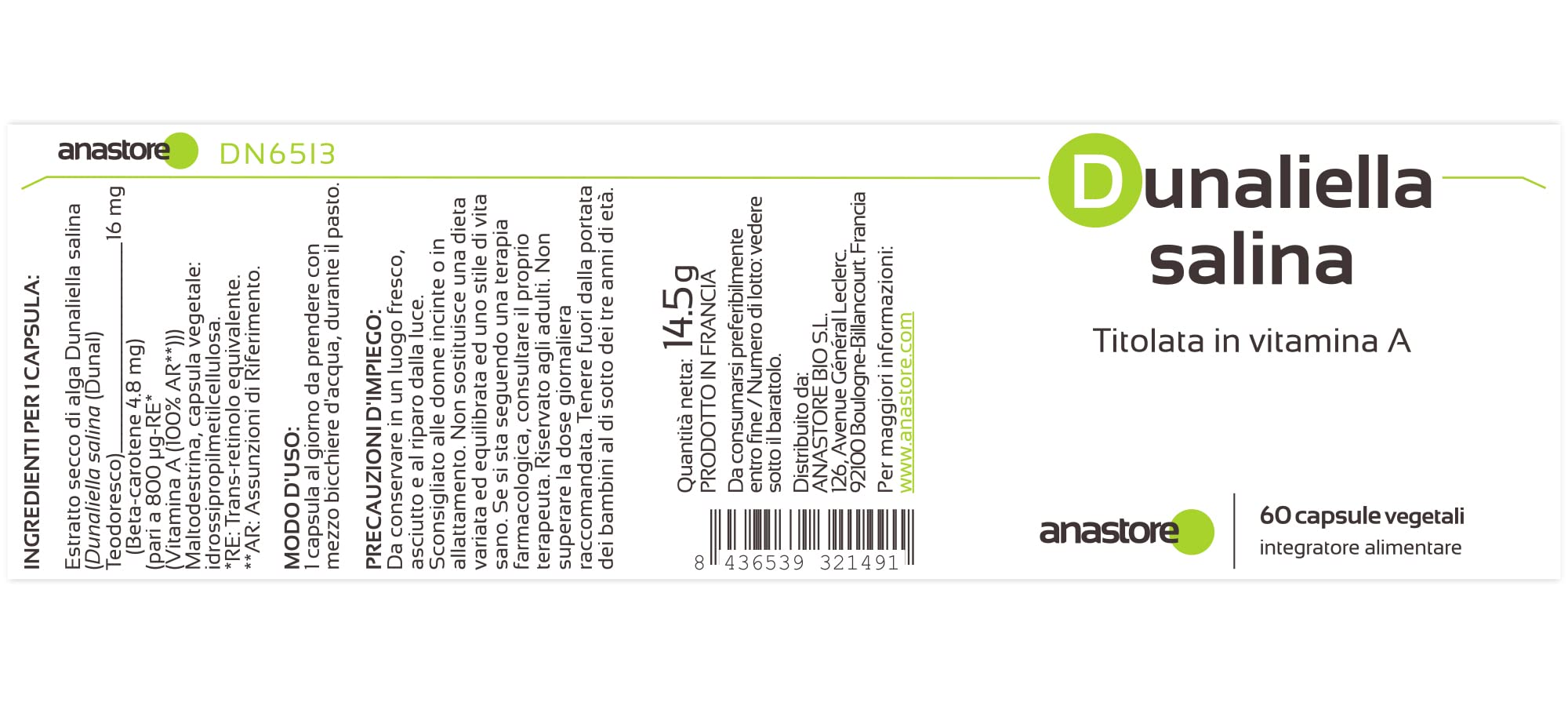VITAMINA A * Retinol * 100% Naturale*VEGAN* Derivata dall'alga Dunalellia Salina * 16mg titolata al 30% in beta-carotene * 100% soddisfatto o RIMBORSATO * Fabbricato in FRANCIA