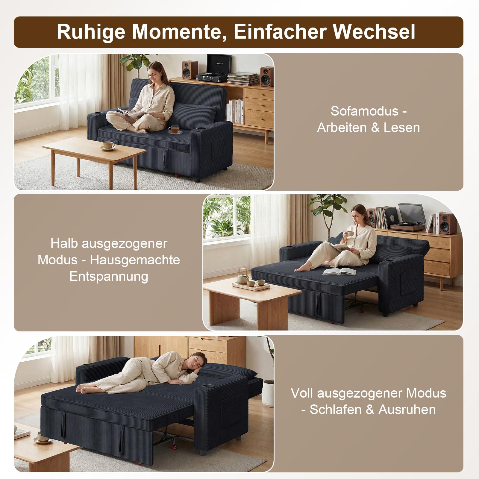 Devoko 2-Sitzer Schlafsofa 140 cm breit, Modernes Sofa mit Schlaffunktion, Ausziehbare Schlafcouch mit Verstellbarer Rückenlehne, Platzsparendes Klappsofa für Wohnzimmer, Blauschwarz