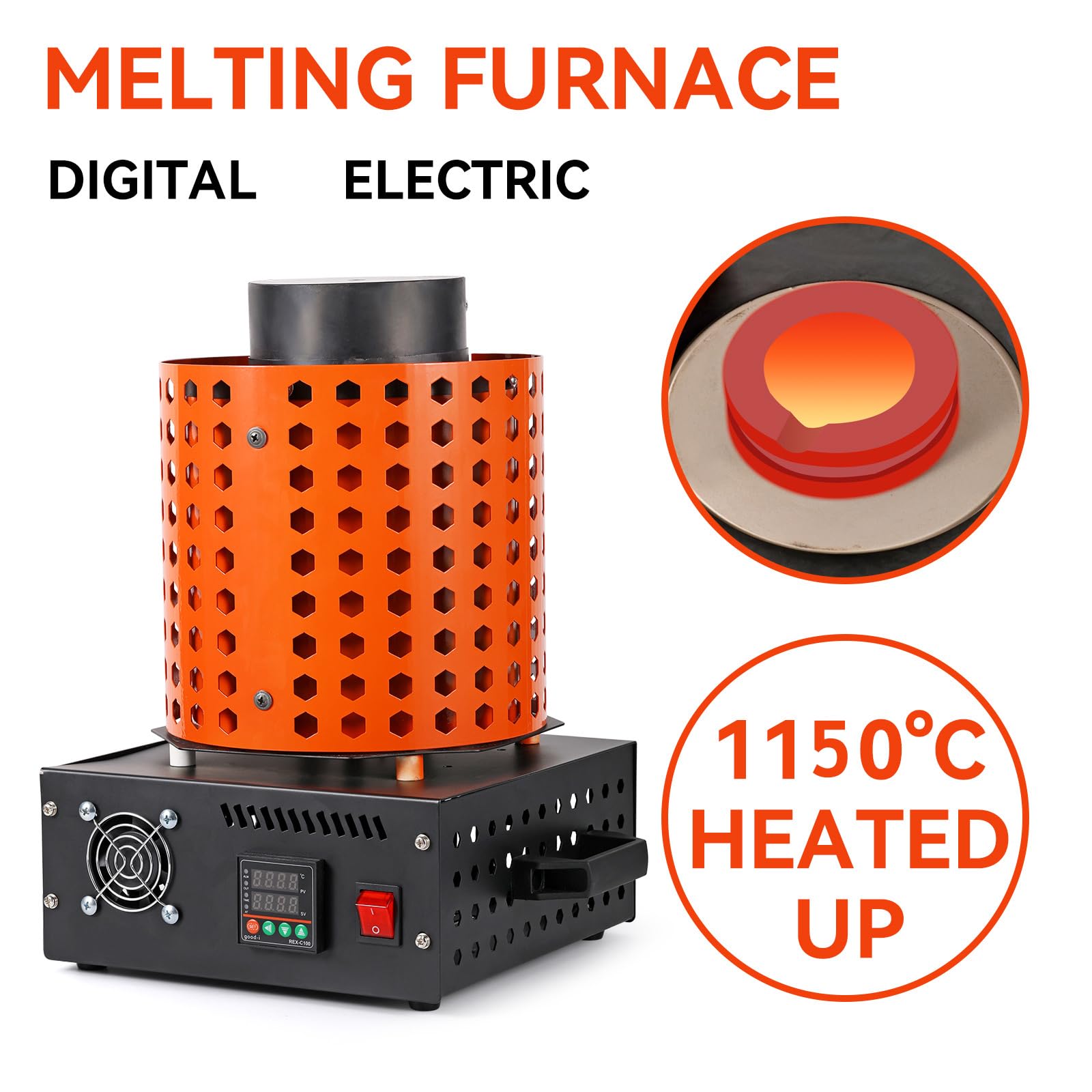 Goldschmelzofen1750 W 1150 ℃ Max. Temperatur, Digitaler Elektrischer Schmelzofen 3 kg Keramiktiegel mit Tiegelzange & Handschuhen, zur Verarbeitung von Gold Silber Kupfer Aluminium