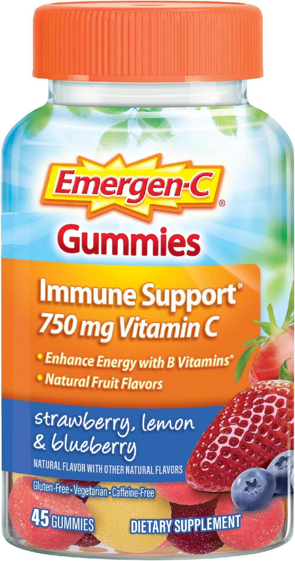 Gummies (45 Count, Strawberry, Lemon and Blueberry Flavors) Dietary Supplement with 500 mg Vitamin C per serving, gluten free