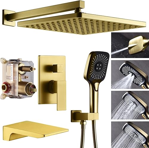 Sistema de ducha con boquilla de bañera, ducha superior de 10 pulgadas, 4 ajustes, rociador de mano, cuerpo de válvula de equilibrio de presión con