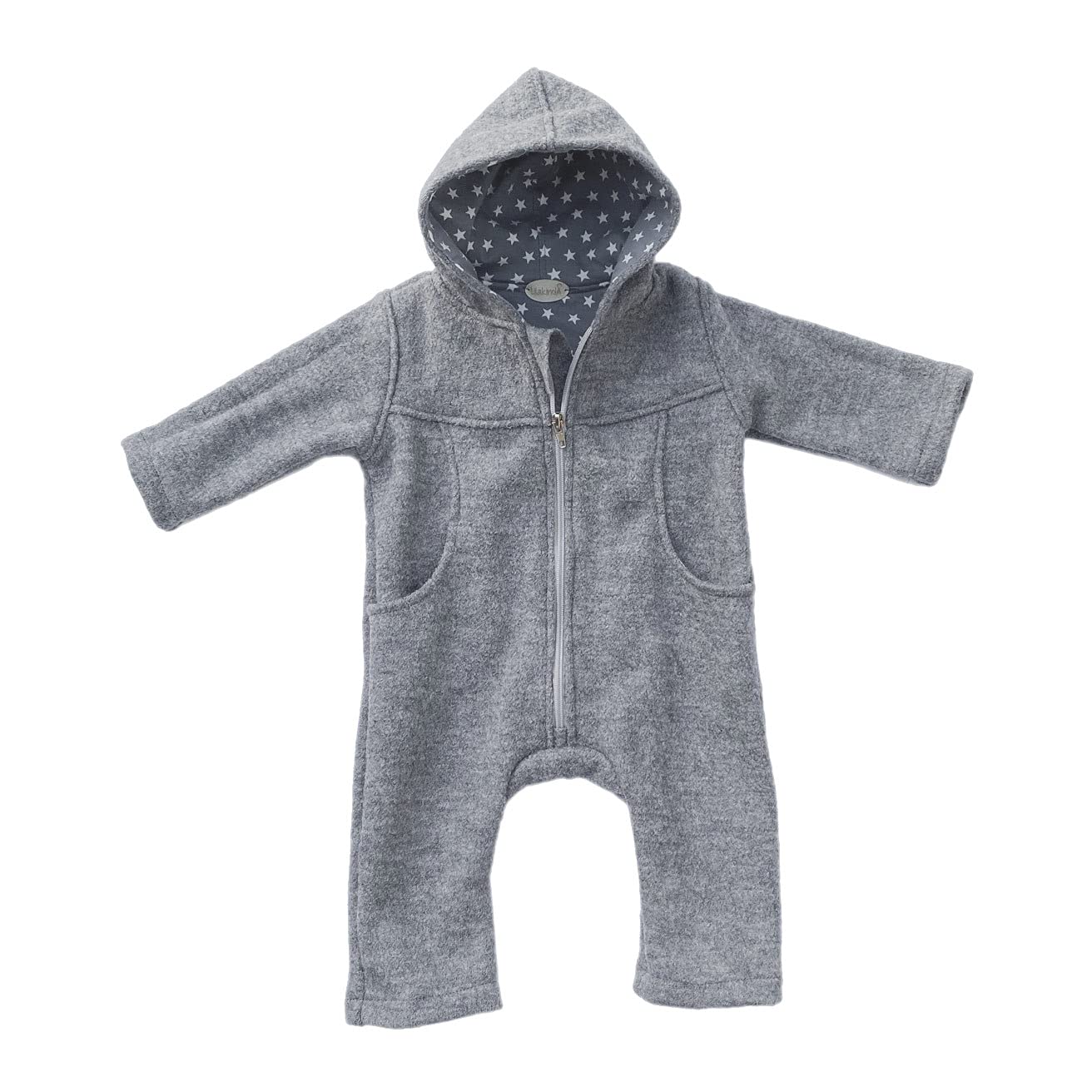 Lilakind Baby Wollwalk Overall mit Kapuze und Reißverschluss |Kleinkind Walkoverall |MADE in GERMANY Grau Sterne Gr. 56/62-116/122