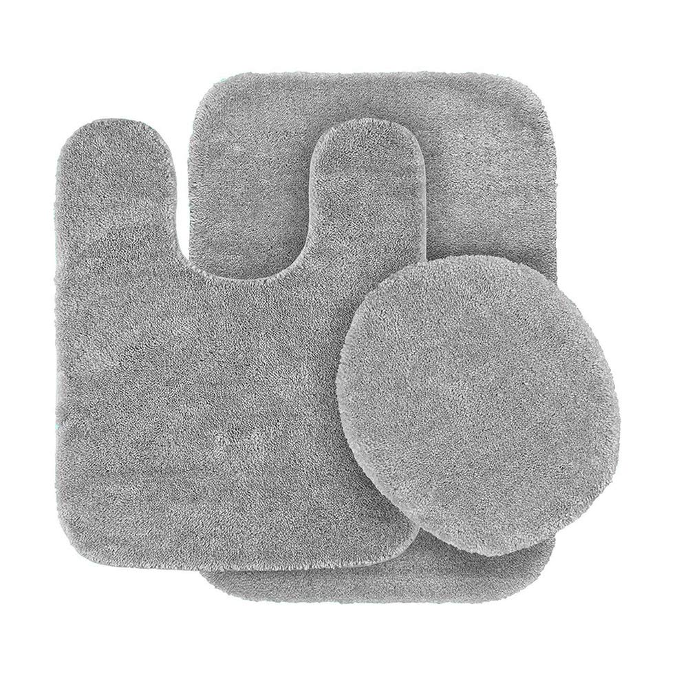 LJHSZ3pc Solid Non Slip Soft Bath Rug Set for Bathroom U-Shaped Contour Rug, Mat and Toilet Lid Cover (Grey)