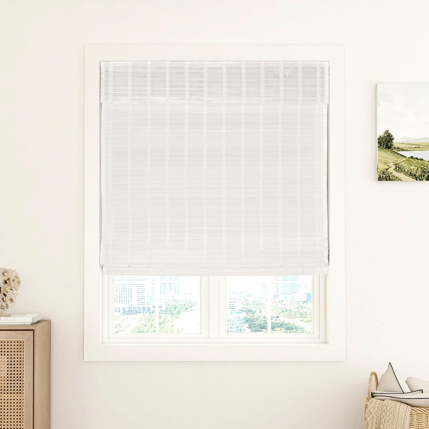 LUSTROWIN No Drill Cordless Bamboo Roman Shades, Custom Light Filtering Window Blinds with Valance, Blackout Blinds for Windows & Doors, Indoor Pull Down Shades, 20-96" Sizes, White