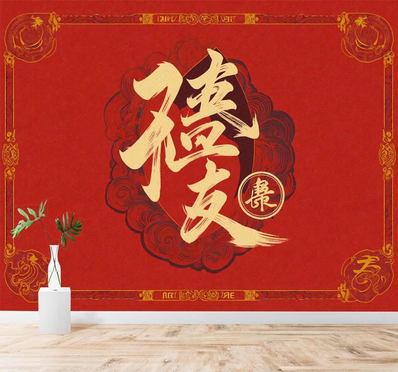 Xlming 350Cm×256Cm(B×H) Abstract Red And Gold Hand Painted Calligraphy Art 3D Wallpaper Silky Texture Home Study Office Grey Dining Room Sofa Bedroom Living Room Tv Backdrop-350Cm×256Cm