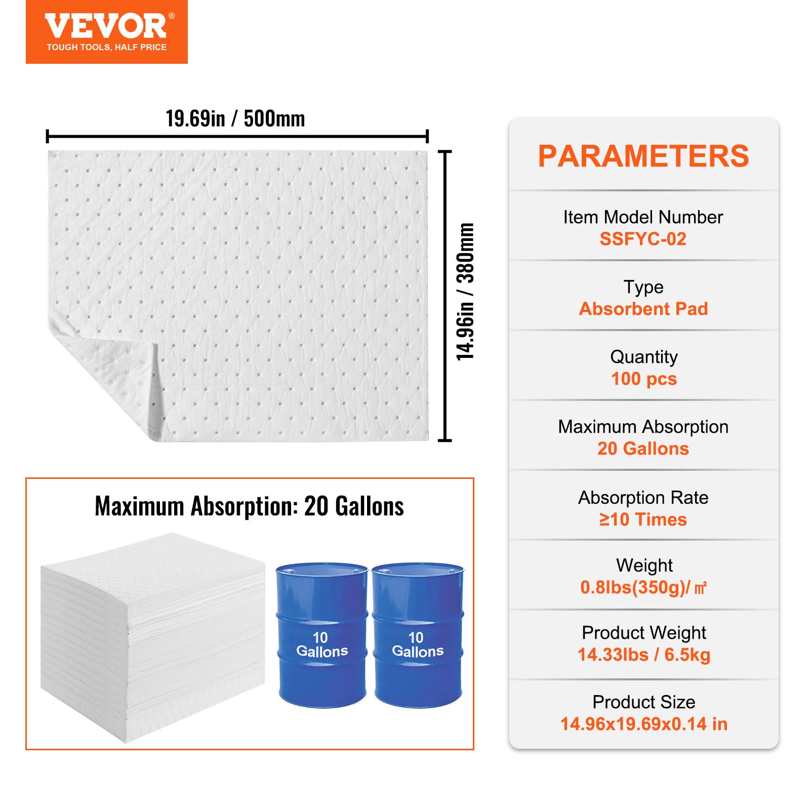 VEVOR Tamponi Assorbenti Fuoriuscite, Tappetino Assorbente per Olio Assorbe Fino A 20 Gal, 15" L x 20" P Tampone Assorbente in Polipropilene Solo per Olio, Tappetini per Fuoriuscite Olio