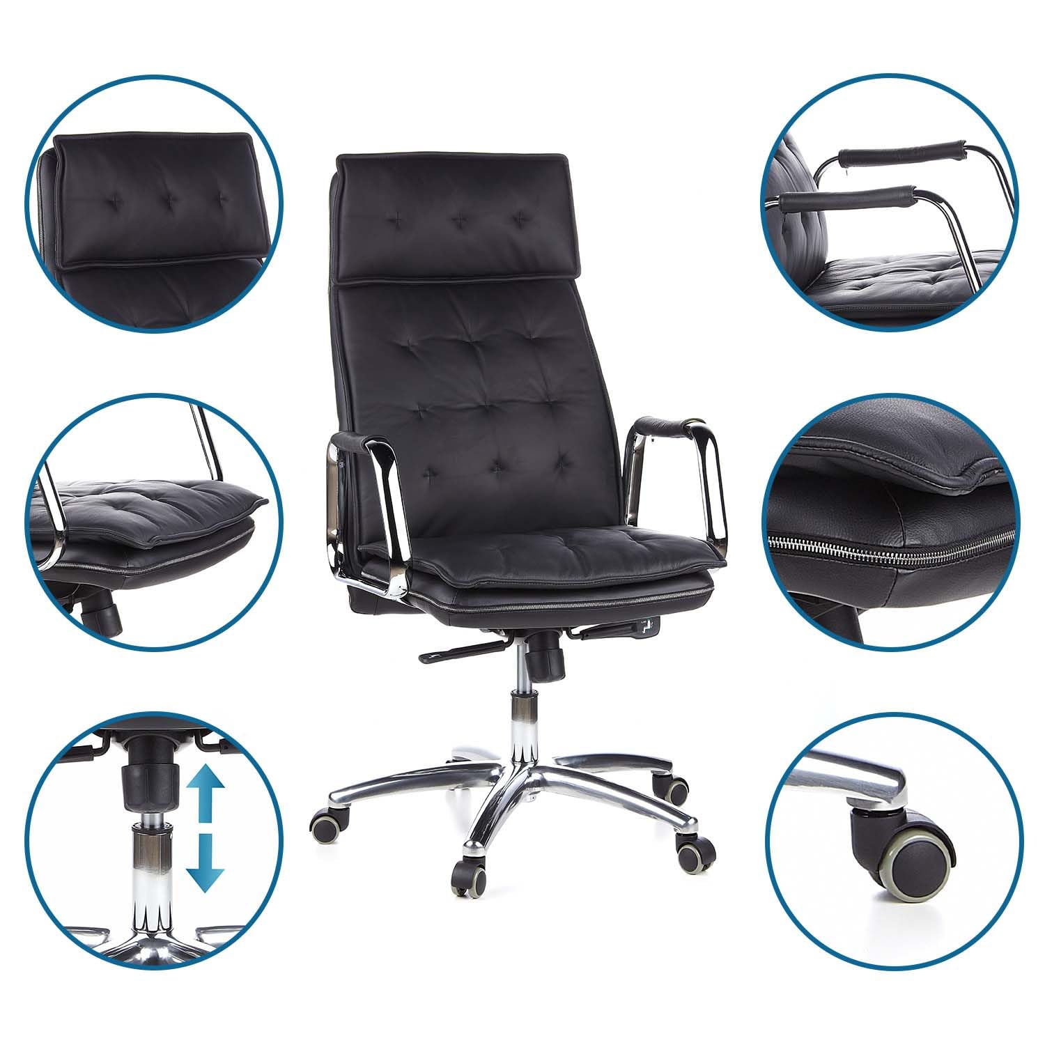 hjh OFFICE 600920 Chefsessel Bürostuhl Villa 20 Nappaleder Schwarz Büro-Sessel mit hoher Rückenlehne