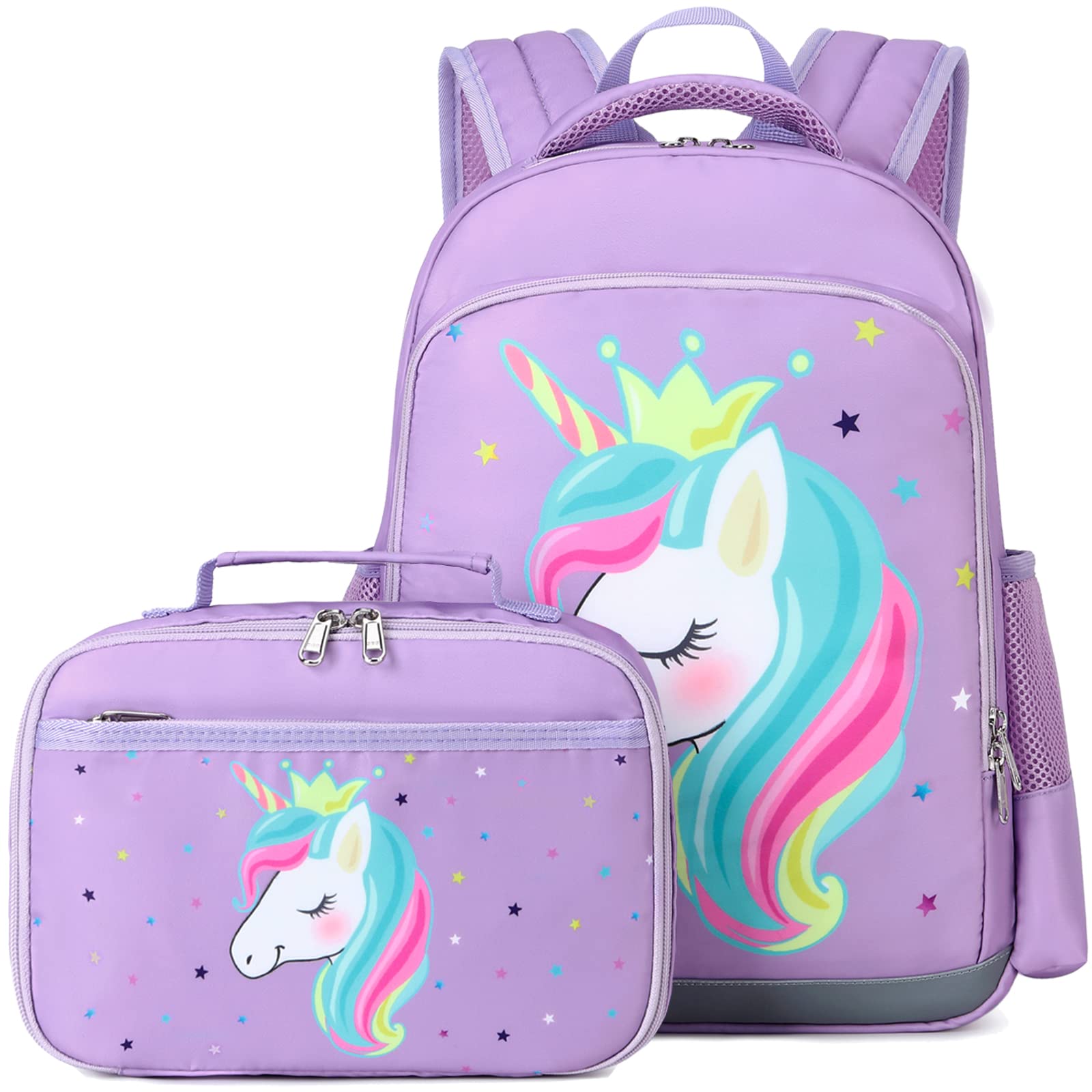 Octsky Unicorn Backpack for Girls, Kids Preschool Backpacks Cute Lightweight With Chest Strap and Lunchbox (Unicorn-Purple)