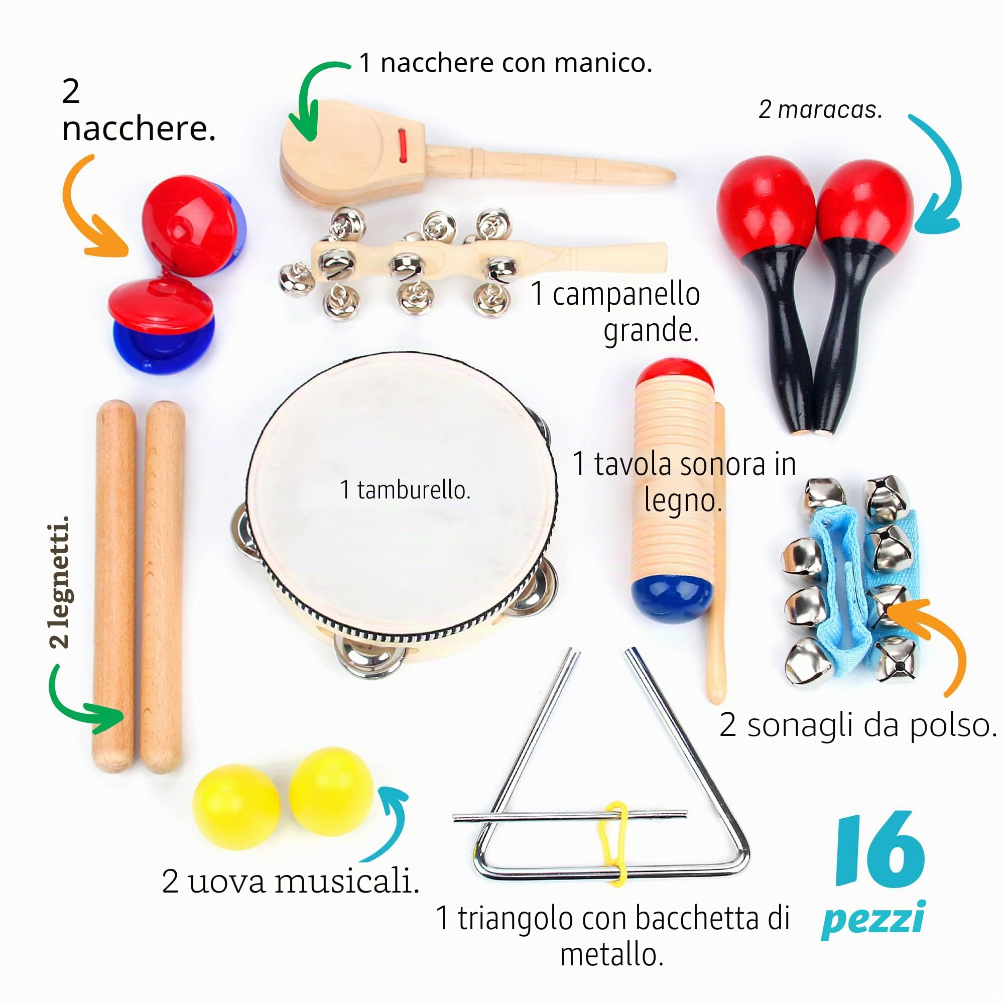 Strumenti Musicali Bambini 16 pezzi di Boxiki Kids, Ritmo e Giocattoli Musicali Compreso Legnetti Musicali, Shaker, Tamburello, Campanelli da Polso e Maracas per Bambini da 1 a 3 Anni