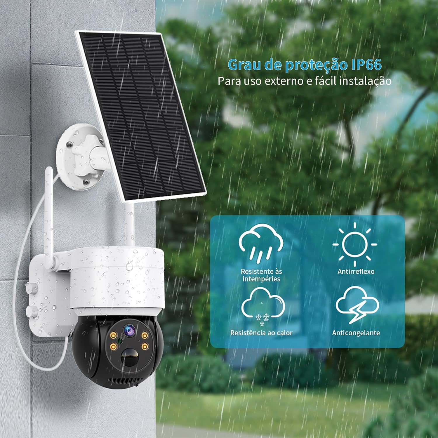 Camera de Segurança Wifi, Câmera de Segurança Externa Solar, Bateria Recarregável, Placa Solar 5W, Detecção Humana PIR, Visão Noturna, Áudio Bidirecional, IP66, Armazenamento em Nuvem/microSD, 2MP