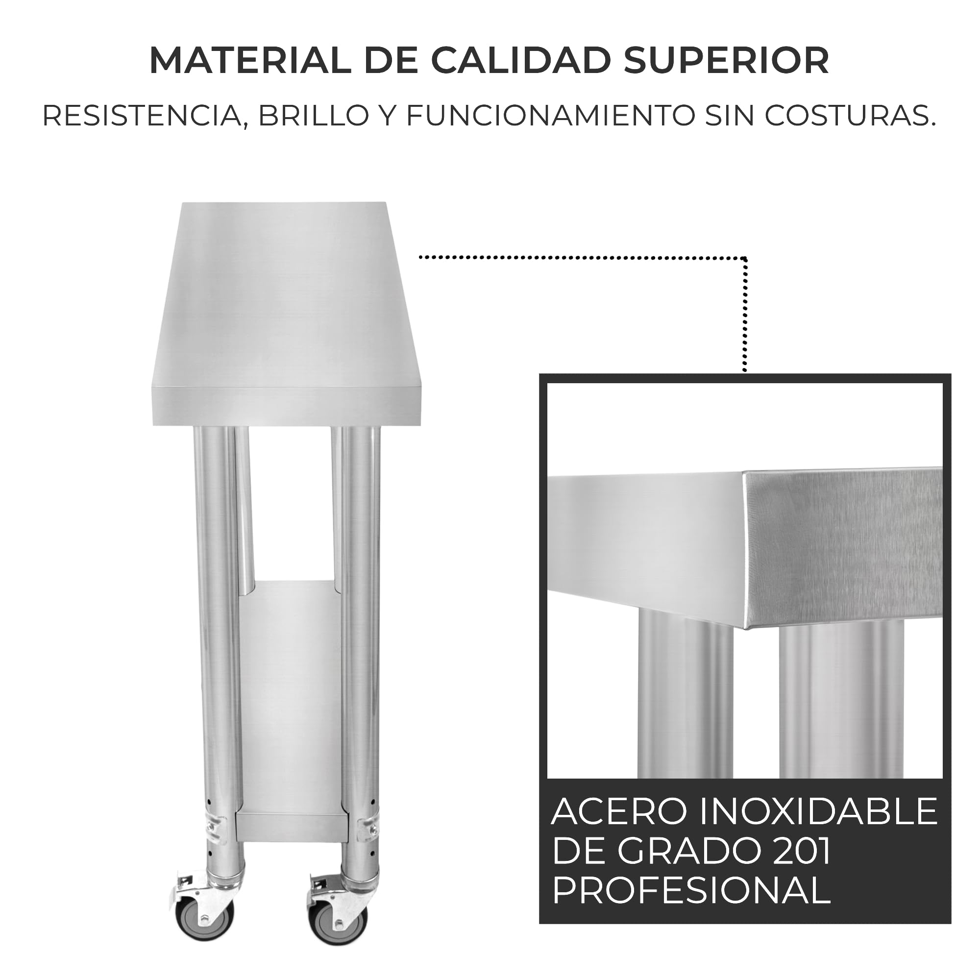 Mesa de Trabajo Cocina de Acero Inoxidable Mesa Catering Preparación de Comida 60x30x80cm Banco de Trabajo Cocina con Ruedas Frenos Pies Adaptables + Estante Inferior Ajustable Capacidad Peso 160kg