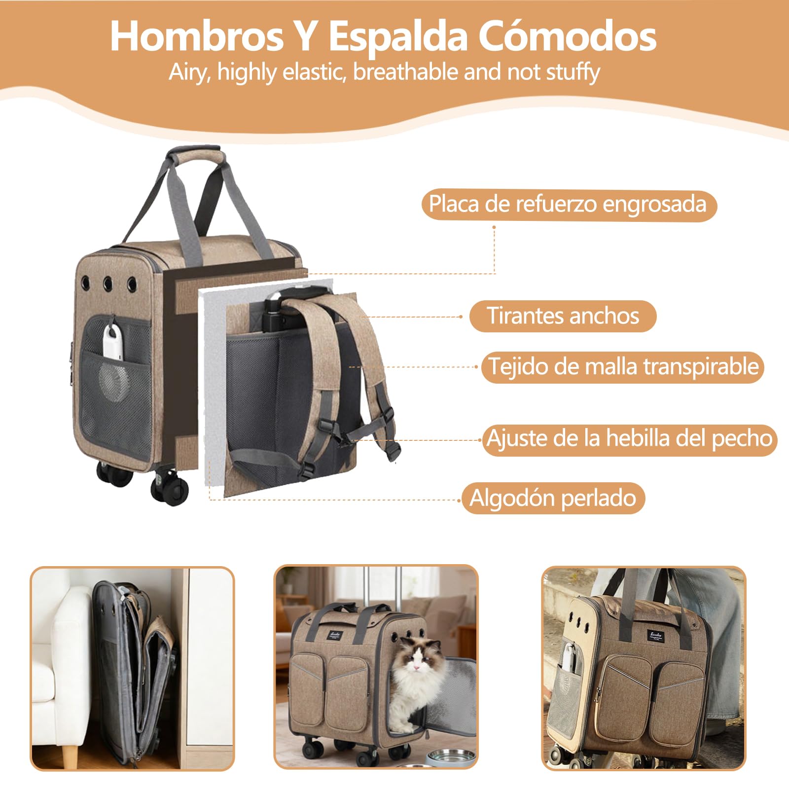 Galatée Maleta con Ruedas para Mascotas, Fabricada En Malla De Poliéster Ventilada, con Frenos para Absorción De Impactos y Agarres Antideslizantes, Apta para Gatos y Perros(Gris)