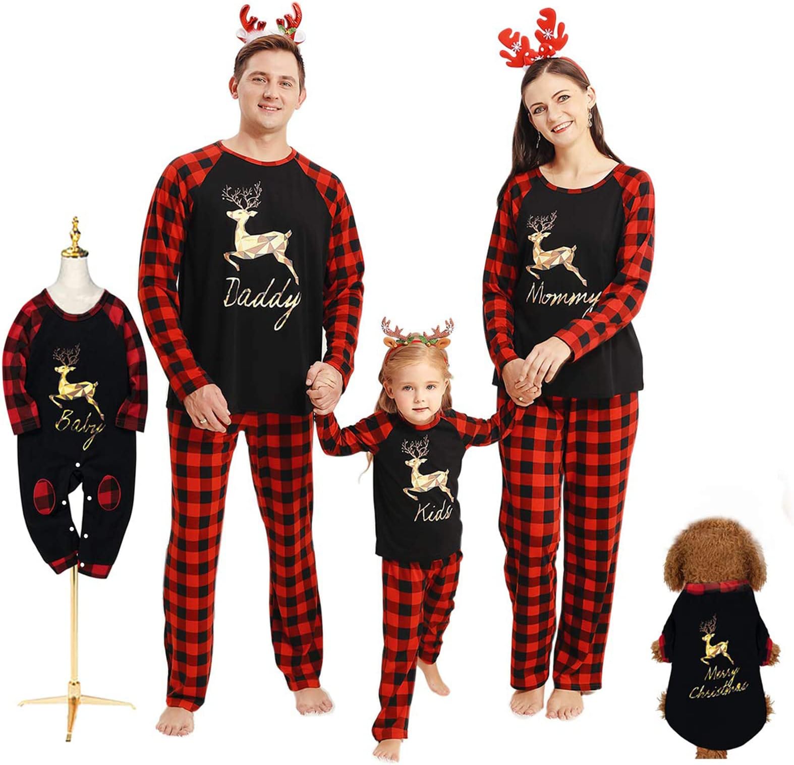 BorlaiFamily Pajamas Set Matching Xmas Plaid Pjs Nightwear for Pet Baby Kid Dad Mom