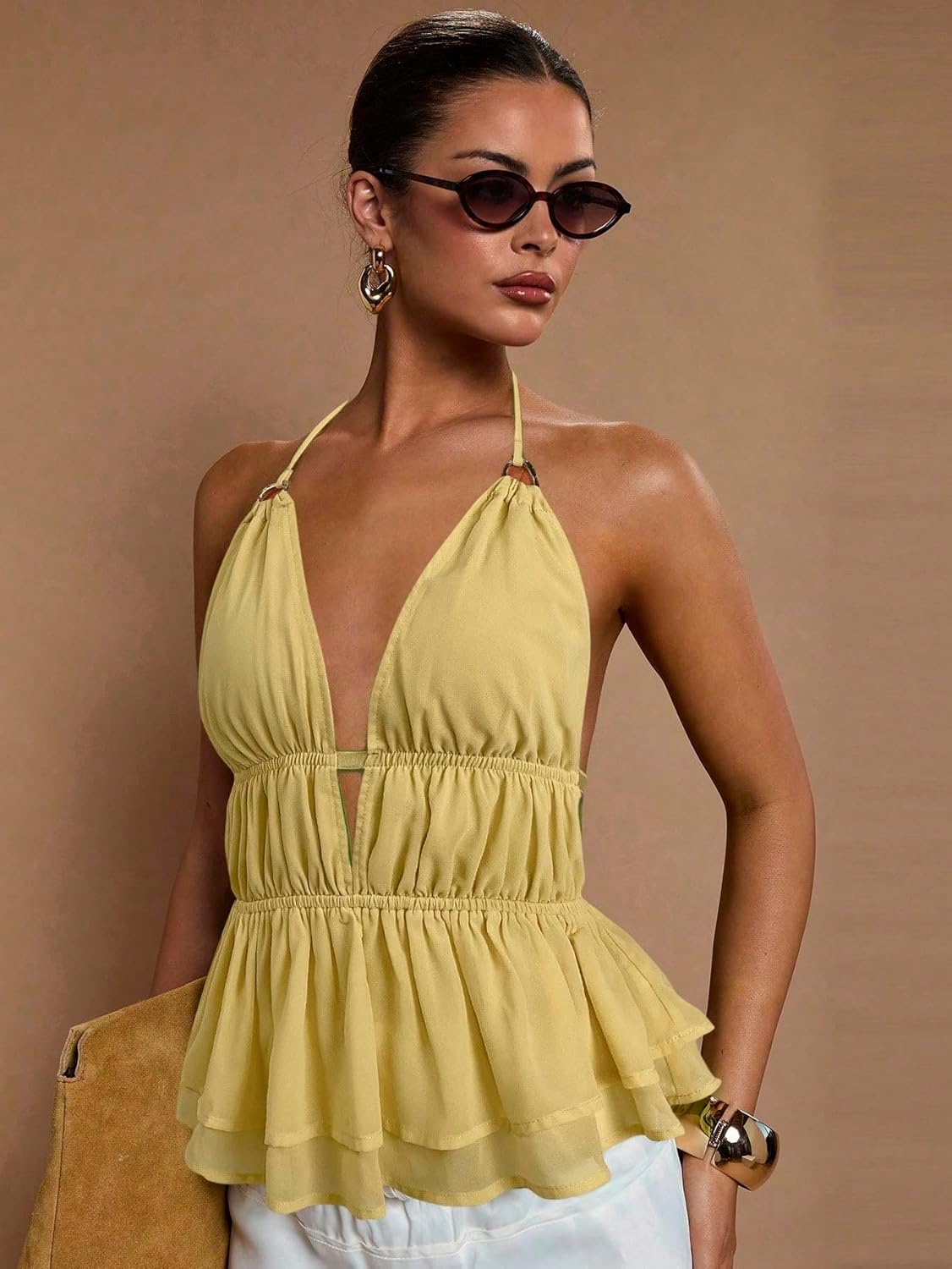 SweatyRocks Women's Deep V Neck Peplum Halter Top Y2k Sexy Backless Ruffle Tops Club Outfits - Image 2