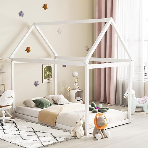 Miniatura 15 de KOMFOTT Marco de cama individual para niños, plataforma de madera maciza para niños con techo y múltiples listones, marco de cama para niños