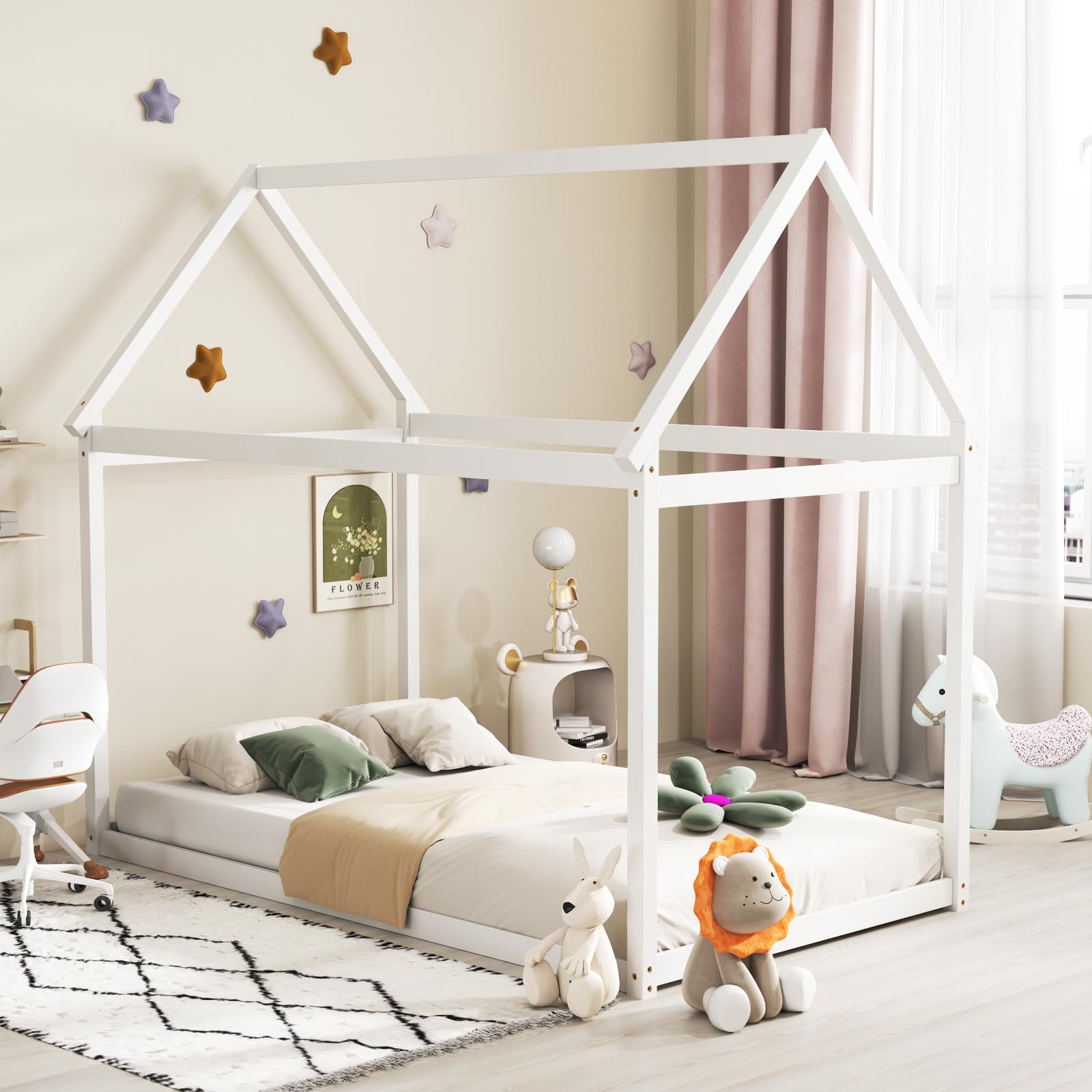 KOMFOTT Twin House Bed Frame for Kids, Solid Wood Kids Platform Floor Bed with Roof & Multiple Slats, Toddler Floor Tent Bed Frame for Girls Boys, No Box Spring Needed (White)
