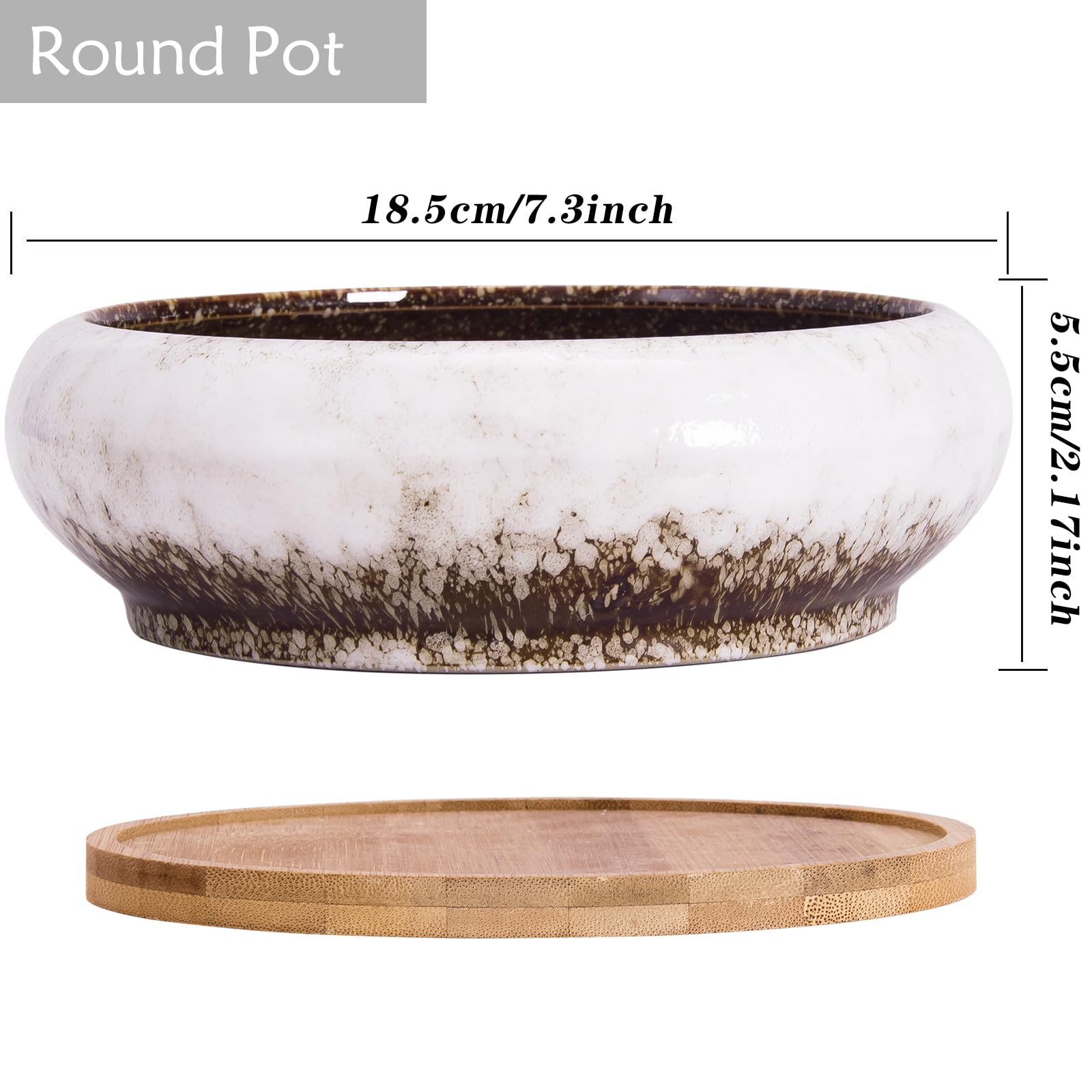 Set 2 Vasi Per Piante Grasse In Ceramica Con Sottovaso In Bambù - Fioriera Rettangolare E Rotonda Con Foro Di Drenaggio Per Cactus E Bonsai Da Interno - 3