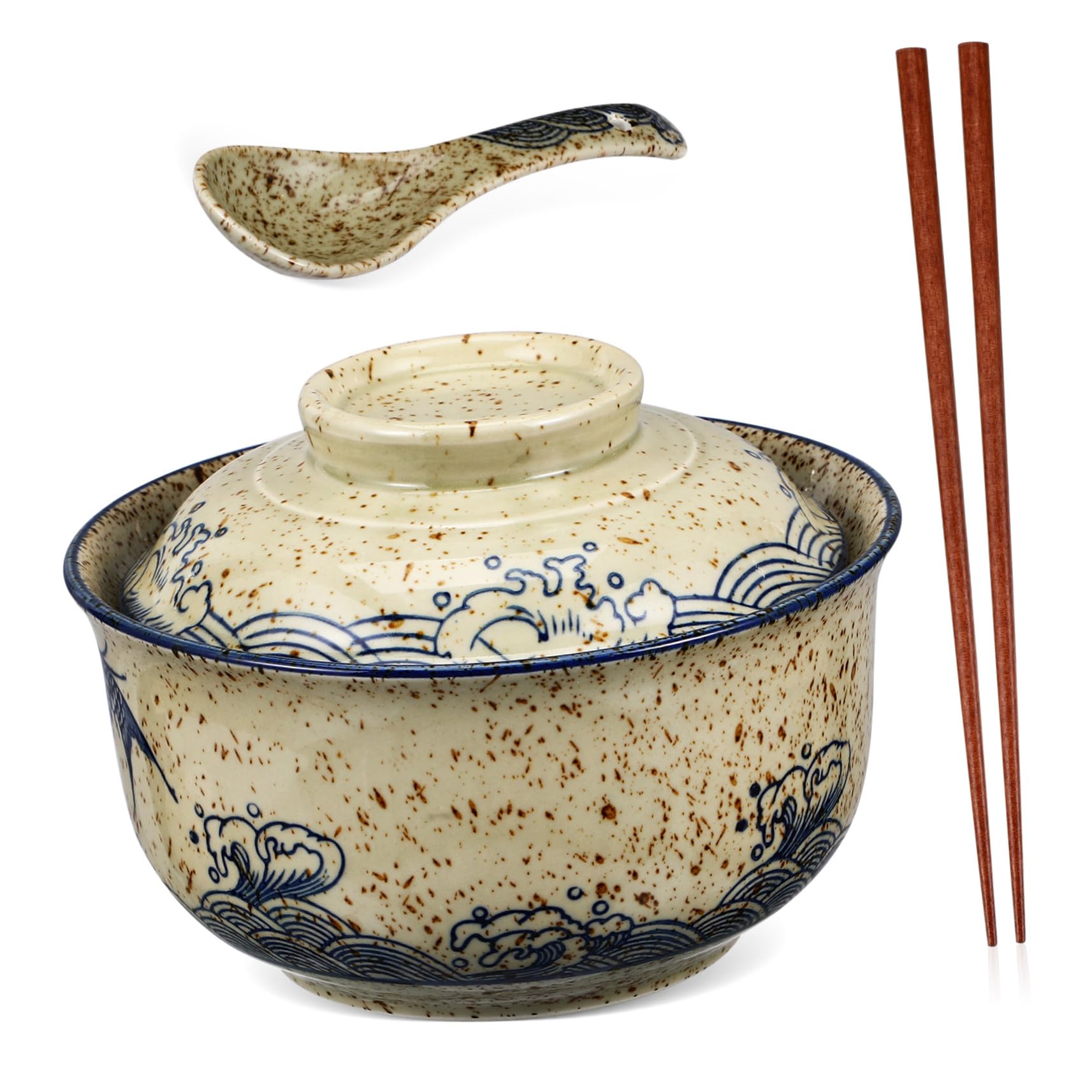 Hohopeti Keramik Ramen Nudel Schüssel Set mit Deckel Essstäbchen und Löffel Suppenschale für Instant Nudelgerichte Langlebig Hitzebeständig und Platzsparend