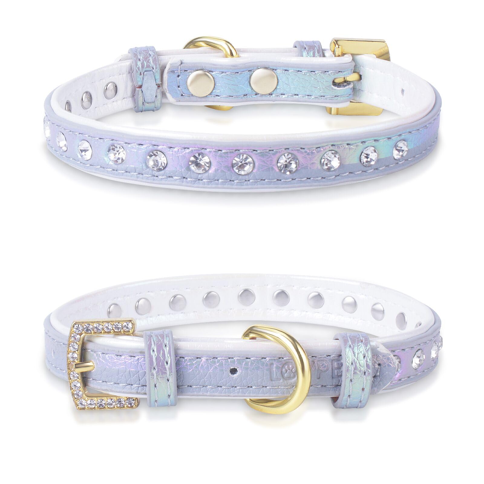 LOVPE Dog Collar Bling Leather with Studded Diamonds Glamorous Rhinestone Gold Buckle Accessory for Small to Medium Dogs,Cats,Girl & Boy Puppies