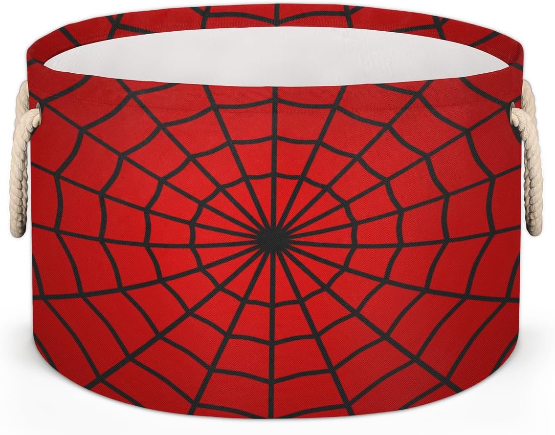 Red Spider Web Storage Baskets - Large Nursery Organizer Bin Box with Handles Collapsible Round Laundry Hamper for Kids Boy Toys Pet Blanket, Bedroom Living Room Home Decor Gift Basket (19.4"x13.3")
